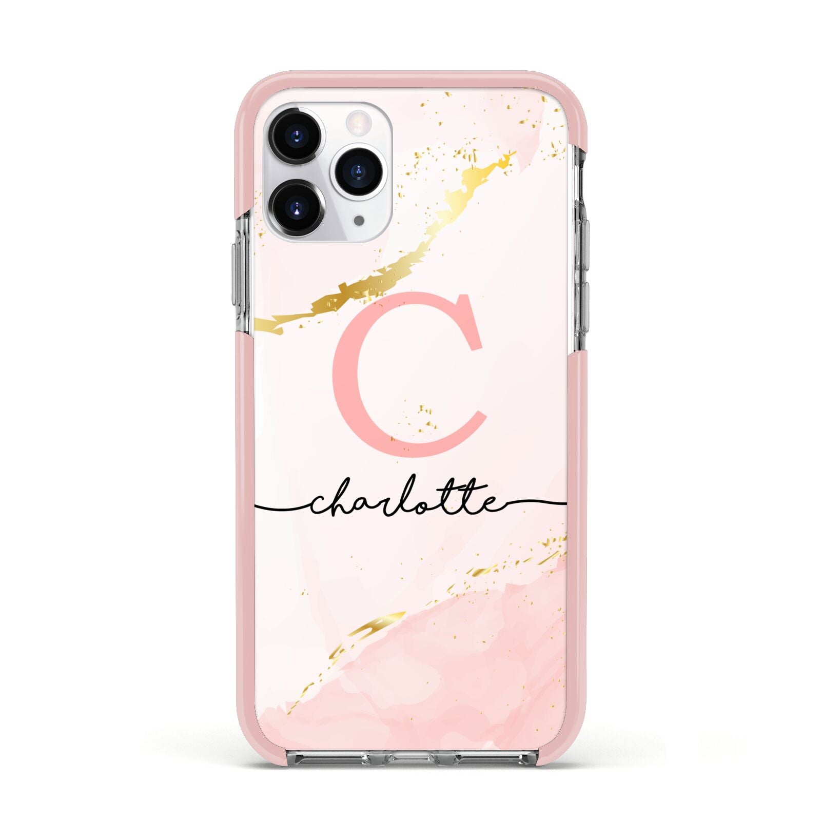 Initial Pink Gold Watercolour Custom Marble Apple iPhone 11 Pro in Silver with Pink Impact Case