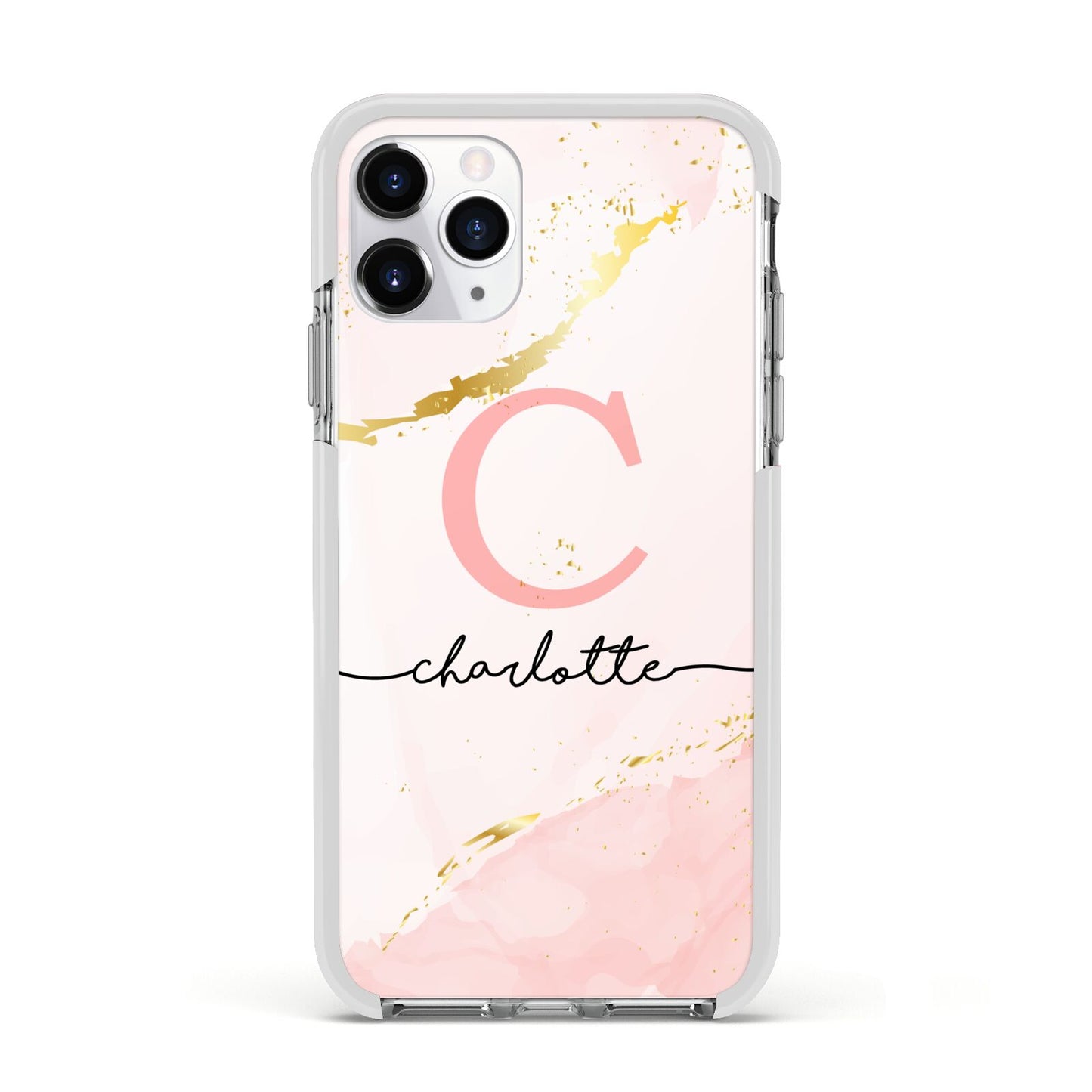 Initial Pink Gold Watercolour Custom Marble Apple iPhone 11 Pro in Silver with White Impact Case