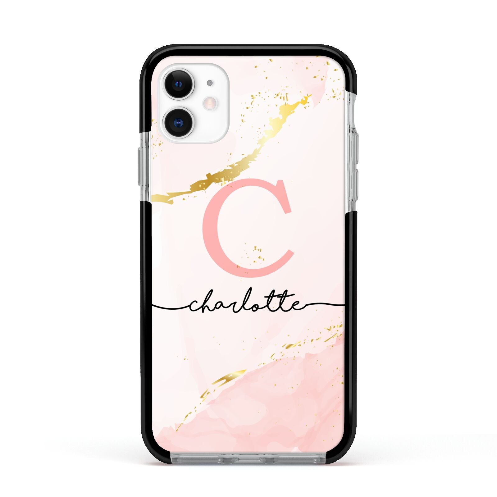 Initial Pink Gold Watercolour Custom Marble Apple iPhone 11 in White with Black Impact Case