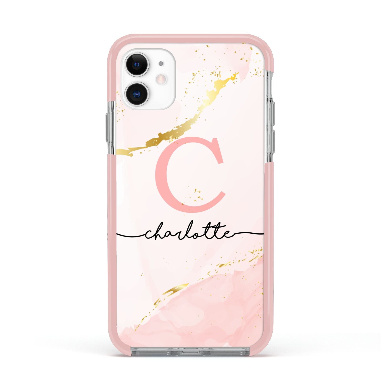 Initial Pink Gold Watercolour Custom Marble Apple iPhone 11 in White with Pink Impact Case