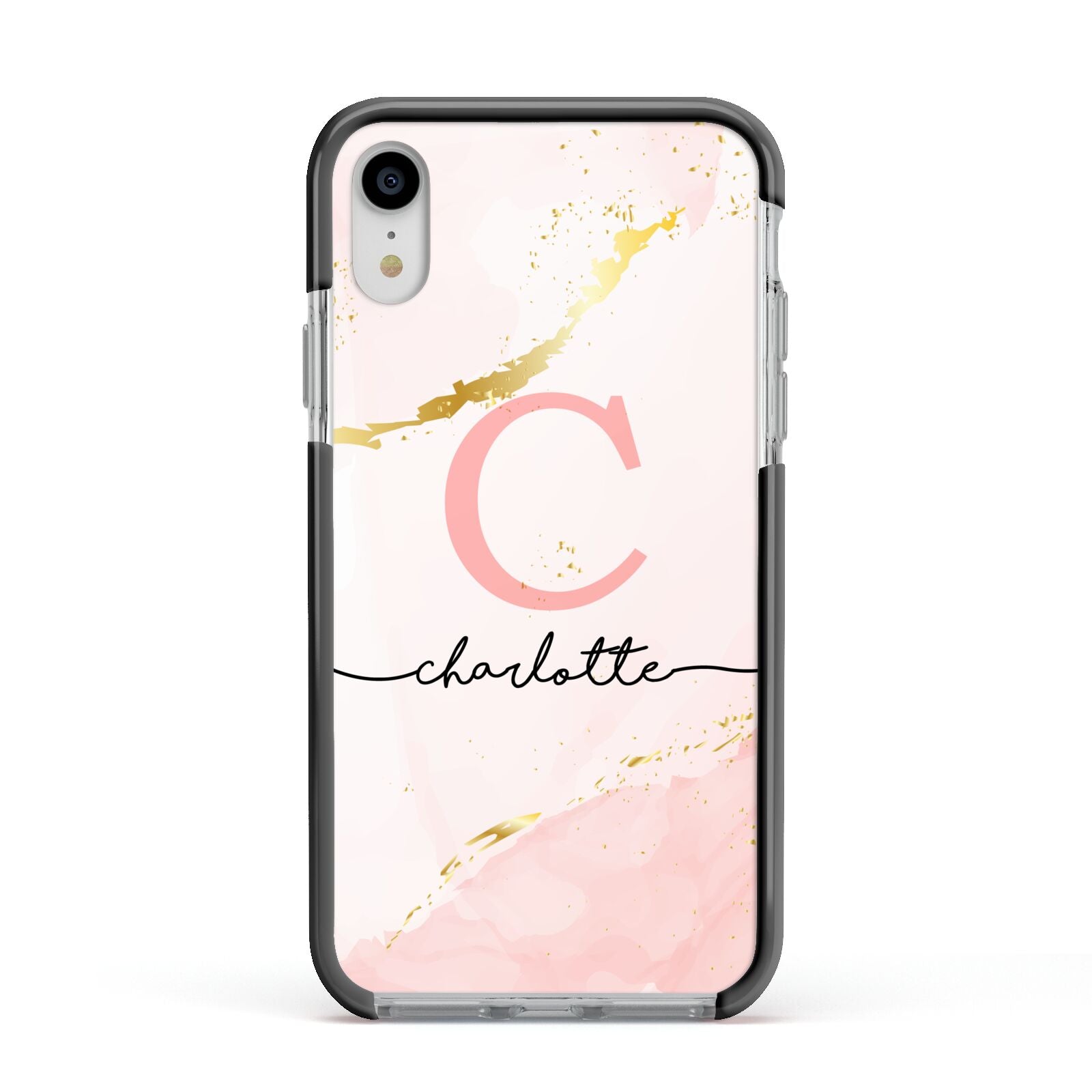 Initial Pink Gold Watercolour Custom Marble Apple iPhone XR Impact Case Black Edge on Silver Phone