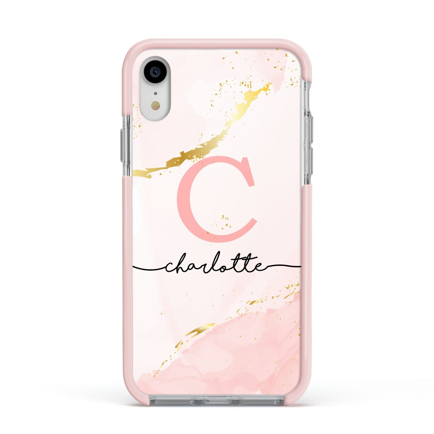 Initial Pink Gold Watercolour Custom Marble Apple iPhone XR Impact Case Pink Edge on Silver Phone