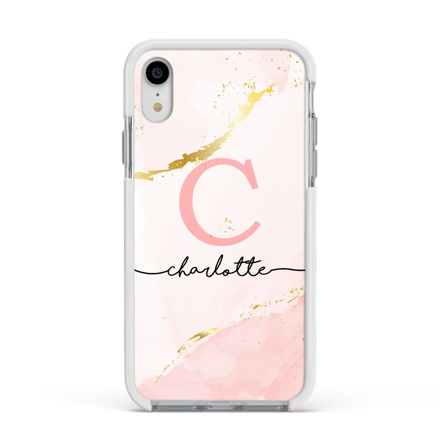 Initial Pink Gold Watercolour Custom Marble Apple iPhone XR Impact Case White Edge on Silver Phone