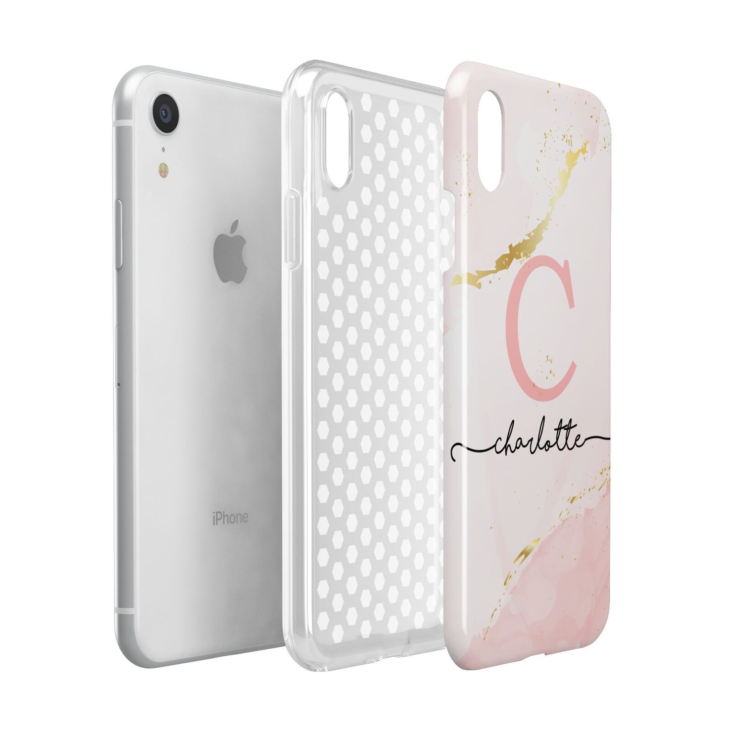 Initial Pink Gold Watercolour Custom Marble Apple iPhone XR White 3D Tough Case Expanded view