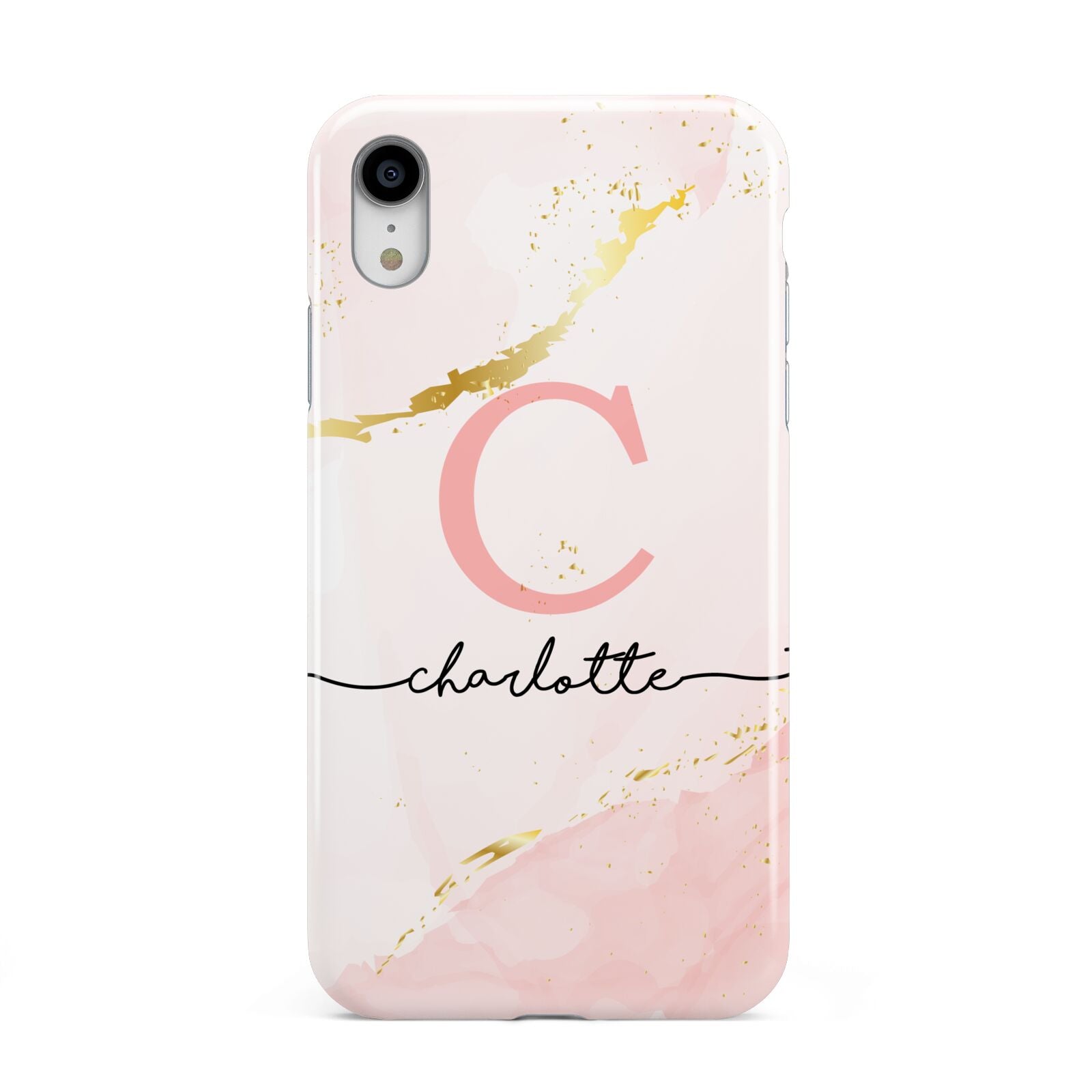 Initial Pink Gold Watercolour Custom Marble Apple iPhone XR White 3D Tough Case