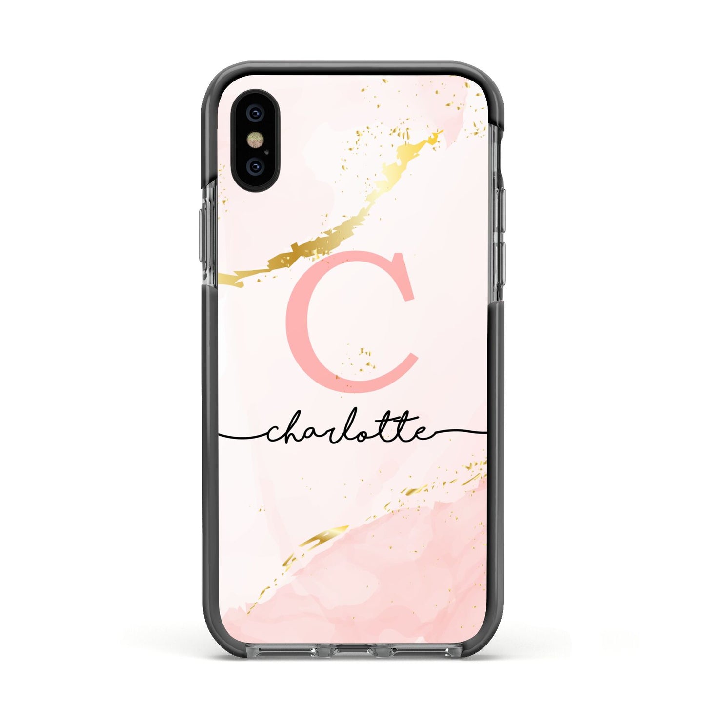 Initial Pink Gold Watercolour Custom Marble Apple iPhone Xs Impact Case Black Edge on Black Phone