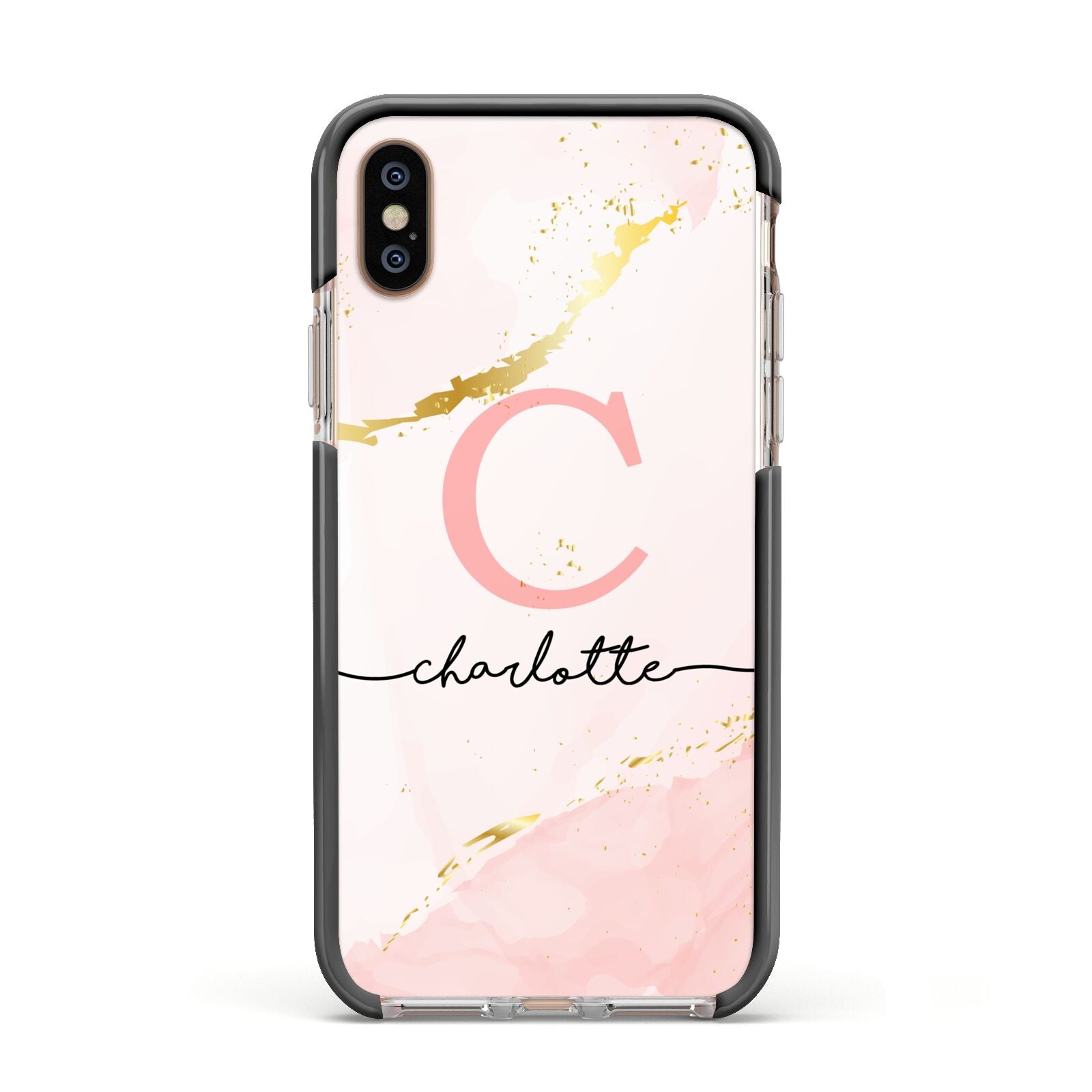 Initial Pink Gold Watercolour Custom Marble Apple iPhone Xs Impact Case Black Edge on Gold Phone