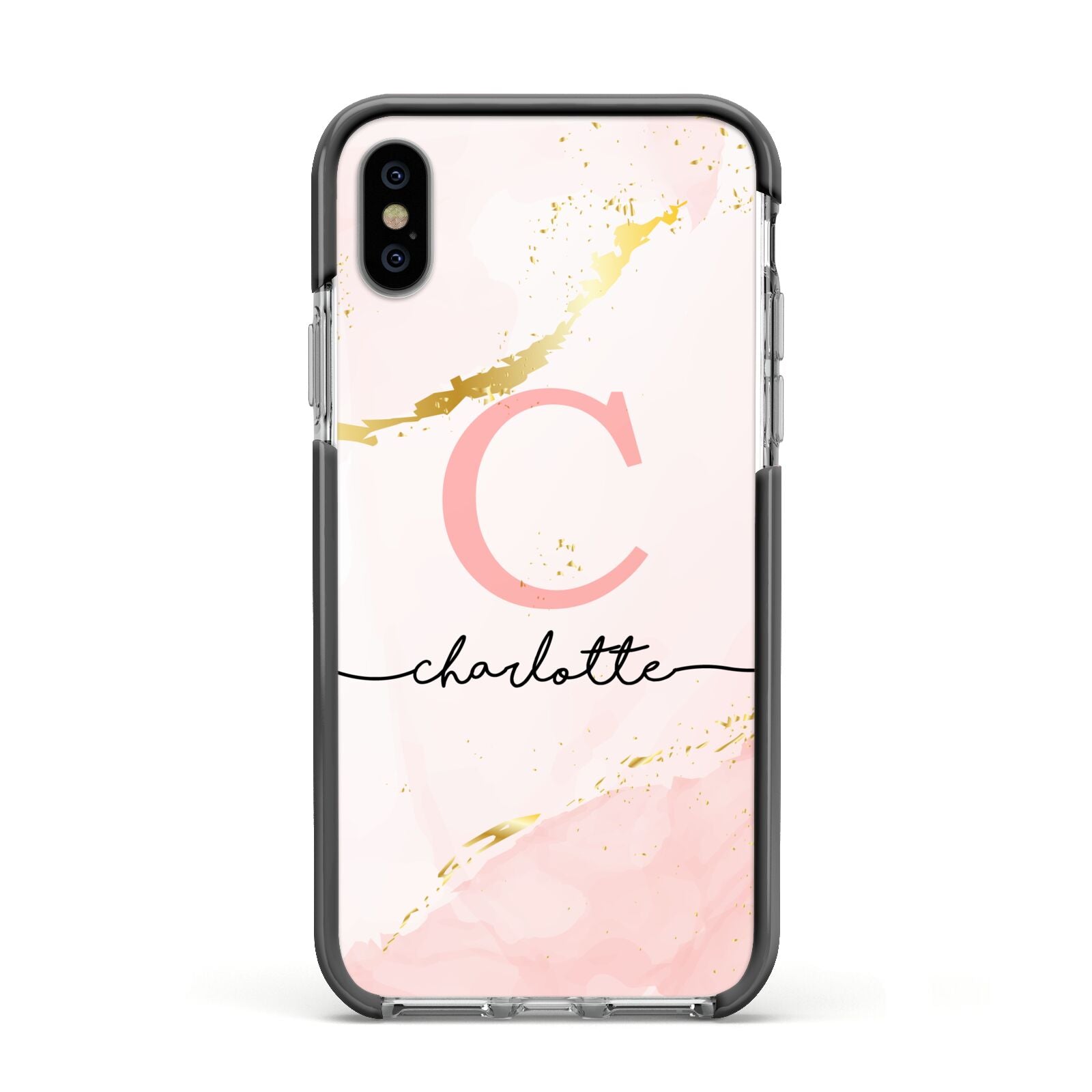 Initial Pink Gold Watercolour Custom Marble Apple iPhone Xs Impact Case Black Edge on Silver Phone