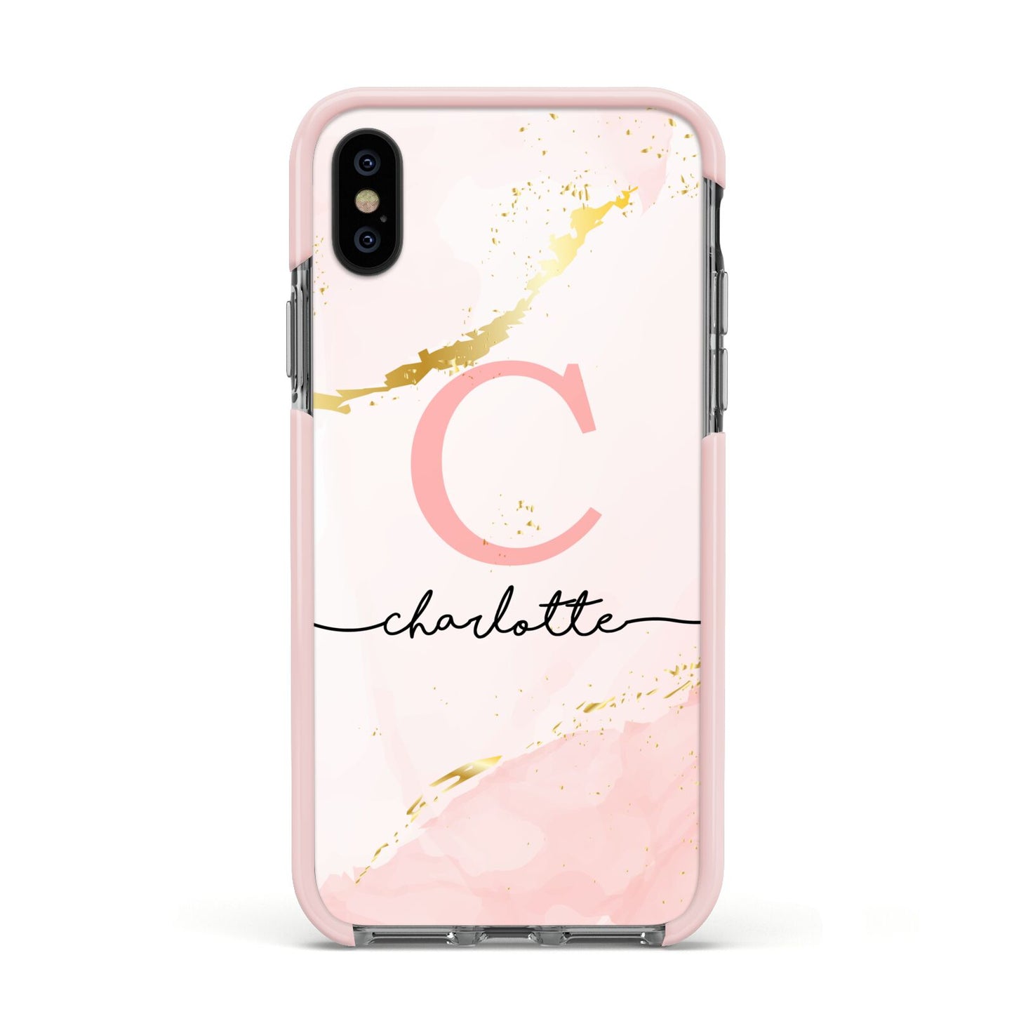 Initial Pink Gold Watercolour Custom Marble Apple iPhone Xs Impact Case Pink Edge on Black Phone
