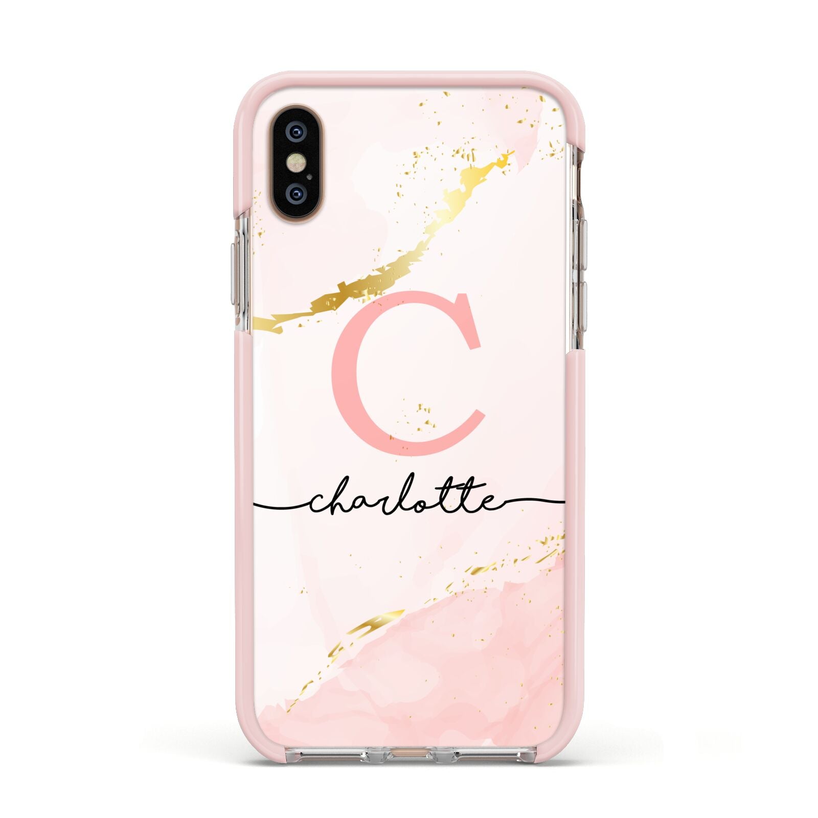 Initial Pink Gold Watercolour Custom Marble Apple iPhone Xs Impact Case Pink Edge on Gold Phone