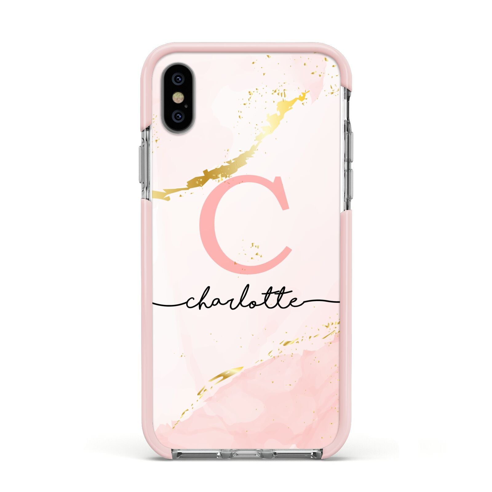 Initial Pink Gold Watercolour Custom Marble Apple iPhone Xs Impact Case Pink Edge on Silver Phone