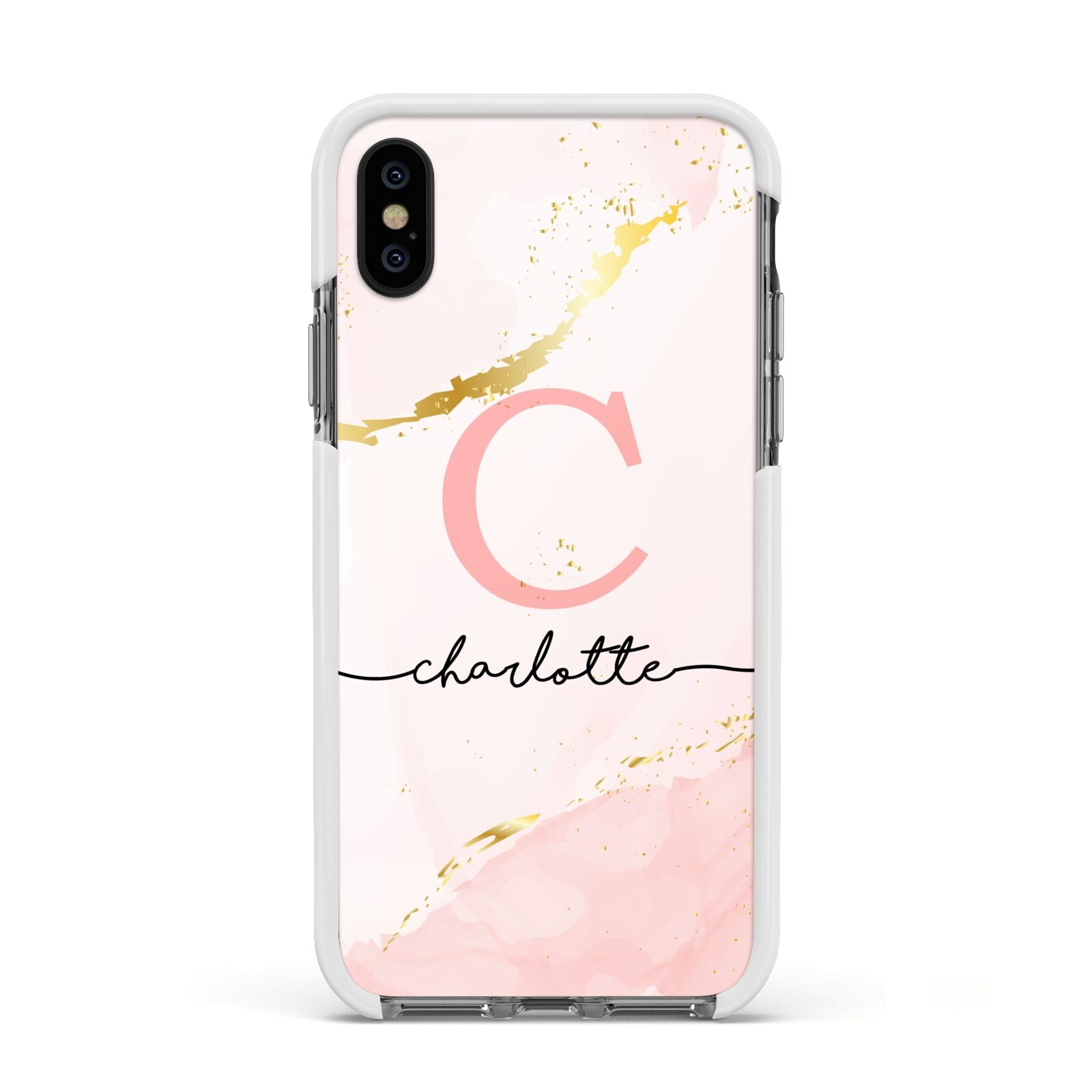 Initial Pink Gold Watercolour Custom Marble Apple iPhone Xs Impact Case White Edge on Black Phone