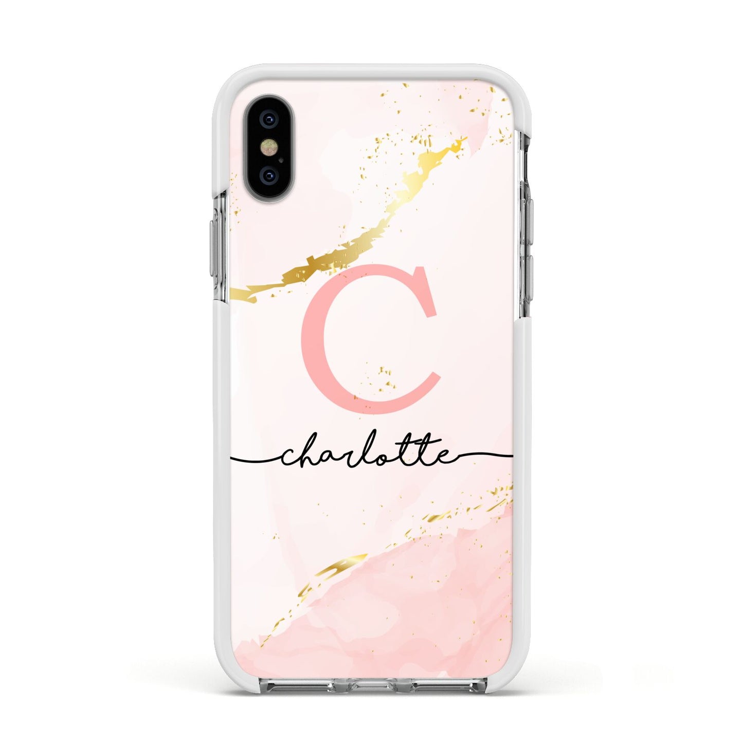 Initial Pink Gold Watercolour Custom Marble Apple iPhone Xs Impact Case White Edge on Silver Phone