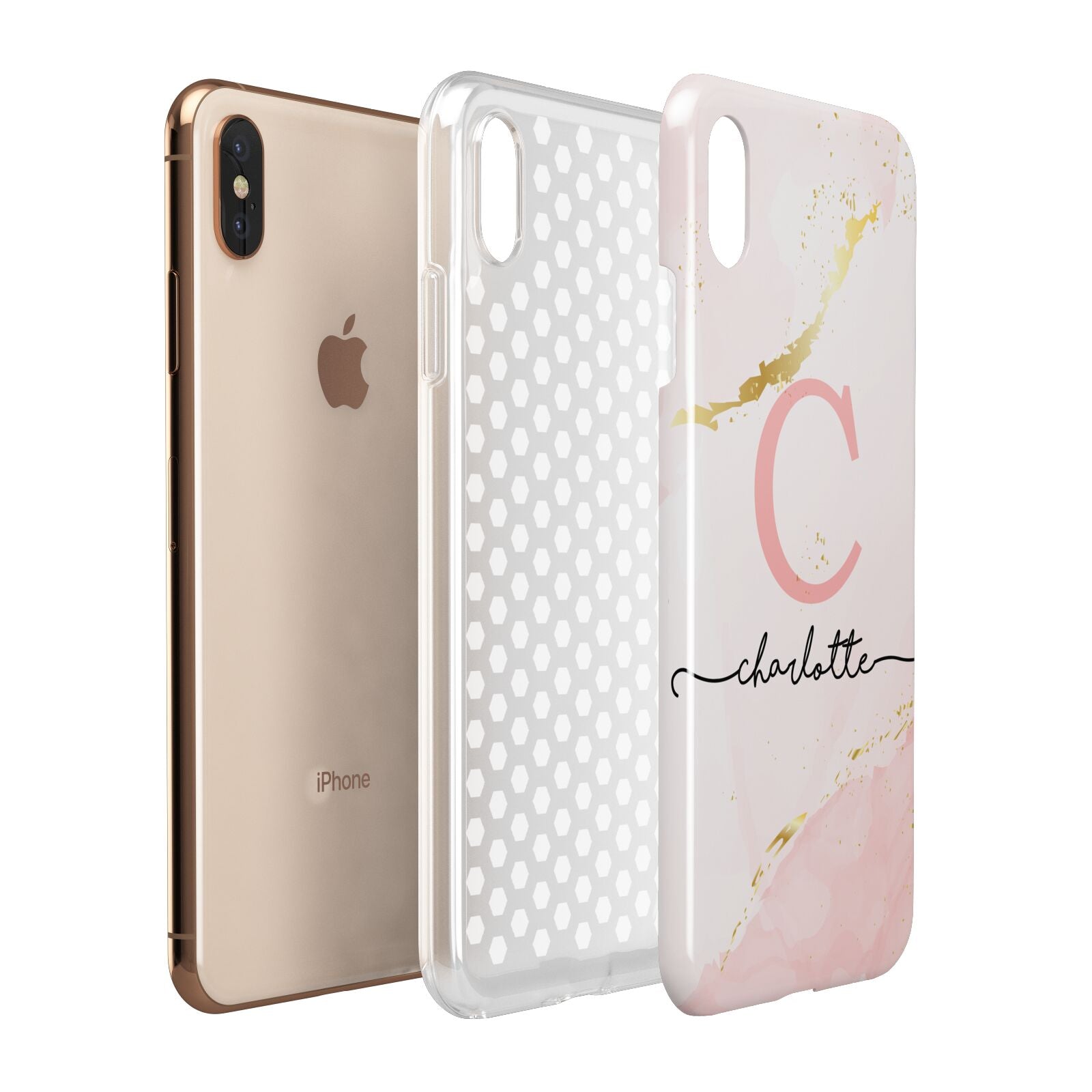 Initial Pink Gold Watercolour Custom Marble Apple iPhone Xs Max 3D Tough Case Expanded View