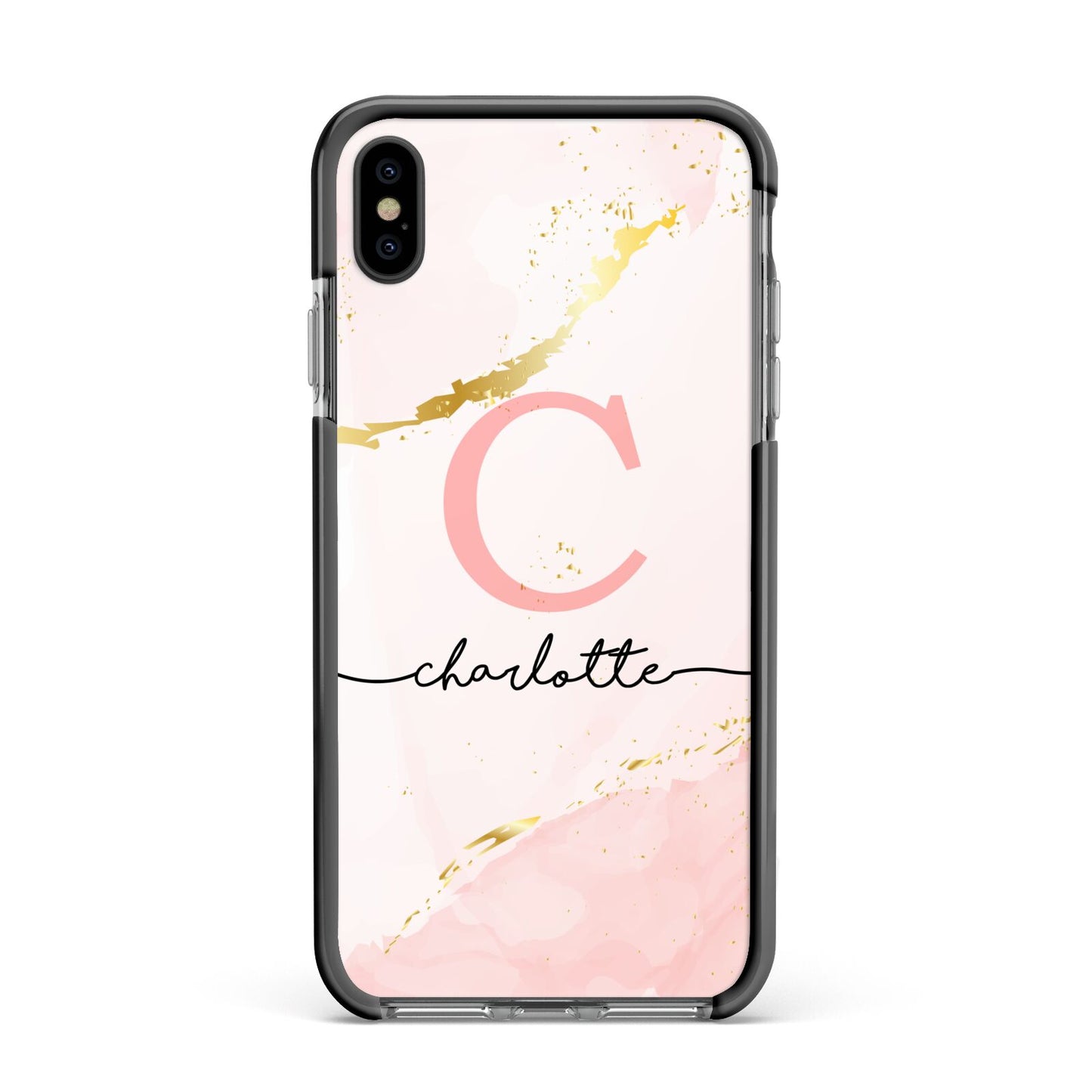 Initial Pink Gold Watercolour Custom Marble Apple iPhone Xs Max Impact Case Black Edge on Black Phone