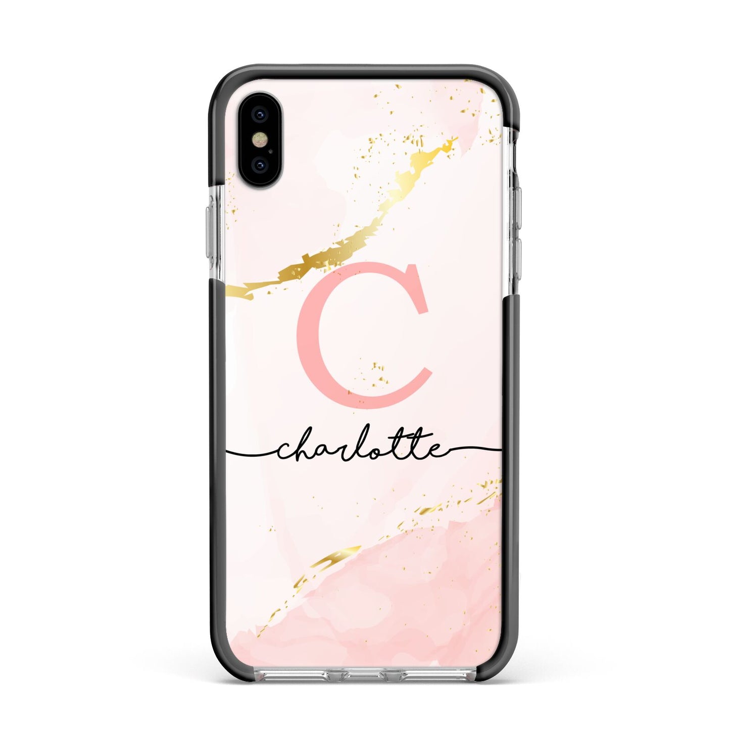 Initial Pink Gold Watercolour Custom Marble Apple iPhone Xs Max Impact Case Black Edge on Silver Phone