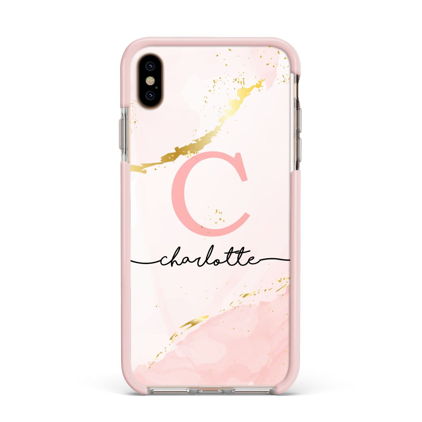 Initial Pink Gold Watercolour Custom Marble Apple iPhone Xs Max Impact Case Pink Edge on Gold Phone