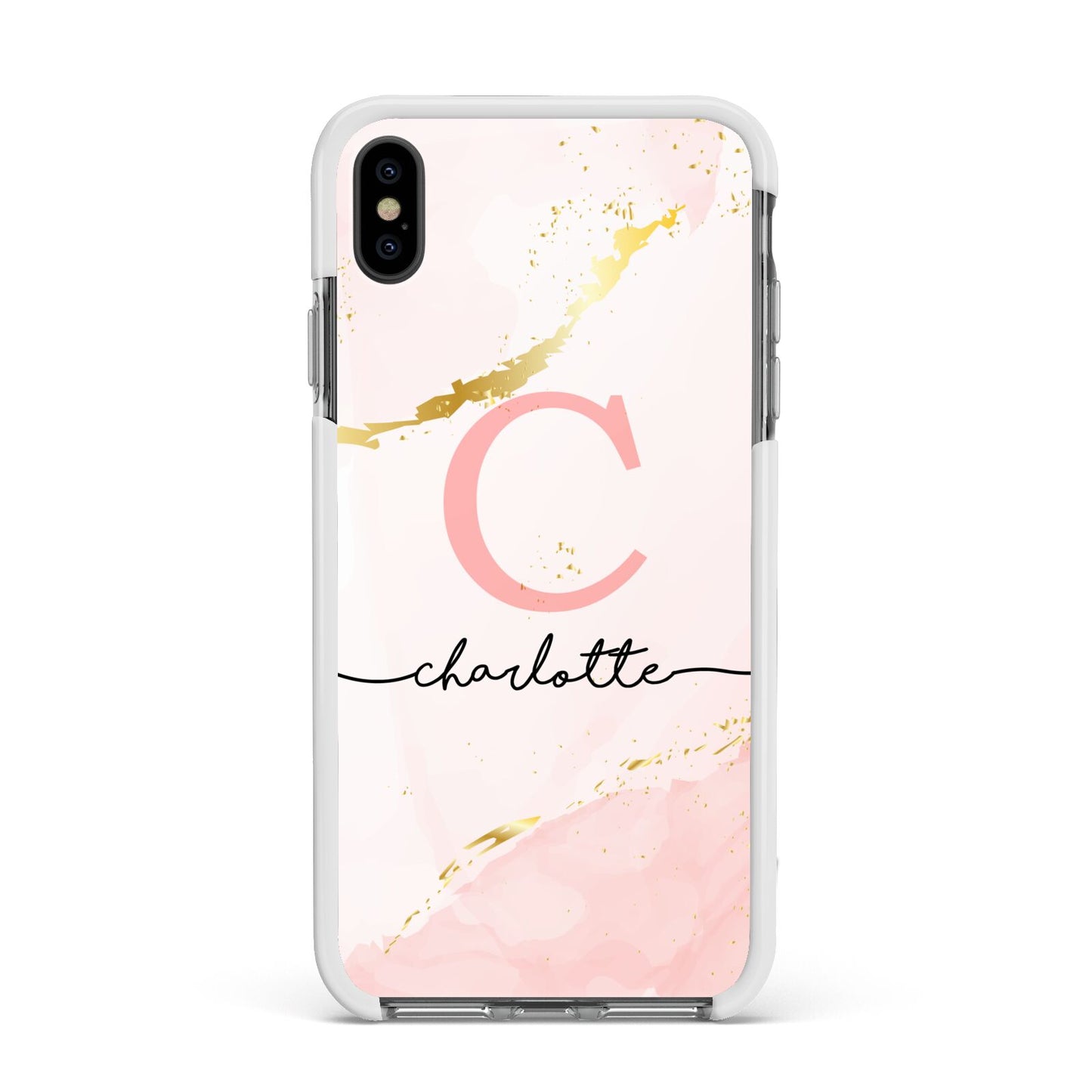 Initial Pink Gold Watercolour Custom Marble Apple iPhone Xs Max Impact Case White Edge on Black Phone