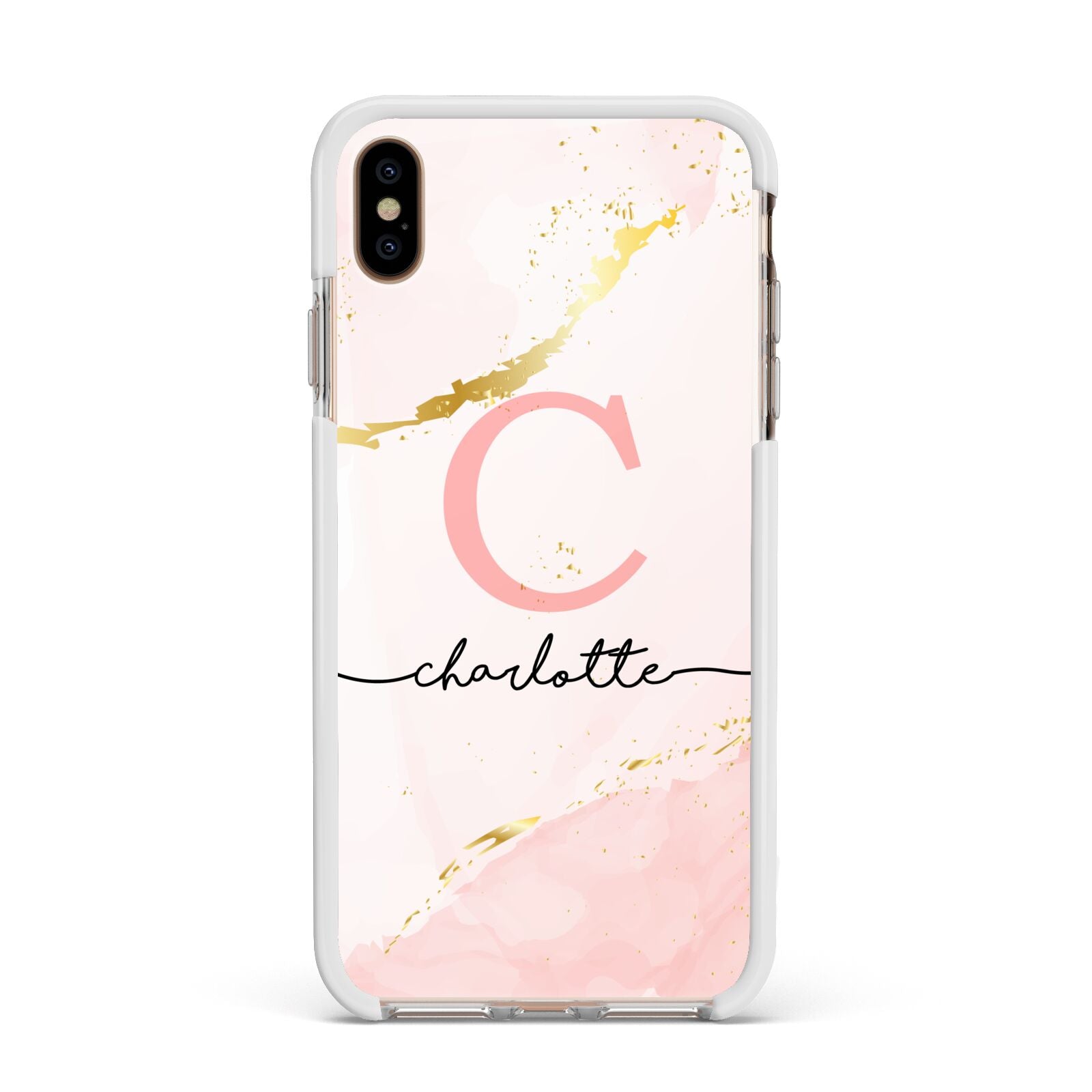 Initial Pink Gold Watercolour Custom Marble Apple iPhone Xs Max Impact Case White Edge on Gold Phone