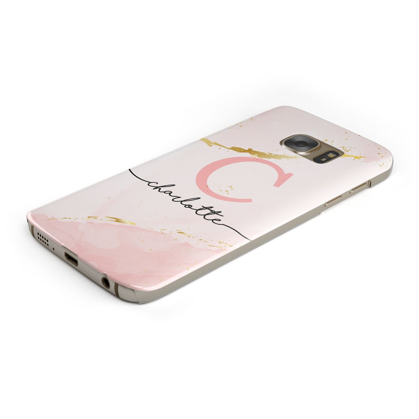 Initial Pink Gold Watercolour Custom Marble Protective Samsung Galaxy Case Angled Image