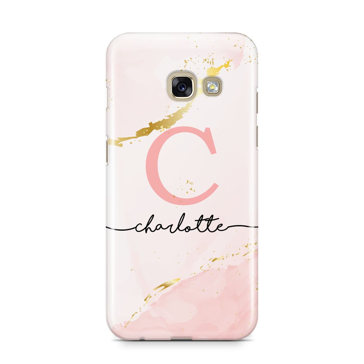 Initial Pink Gold Watercolour Custom Marble Samsung Galaxy A3 2017 Case on gold phone