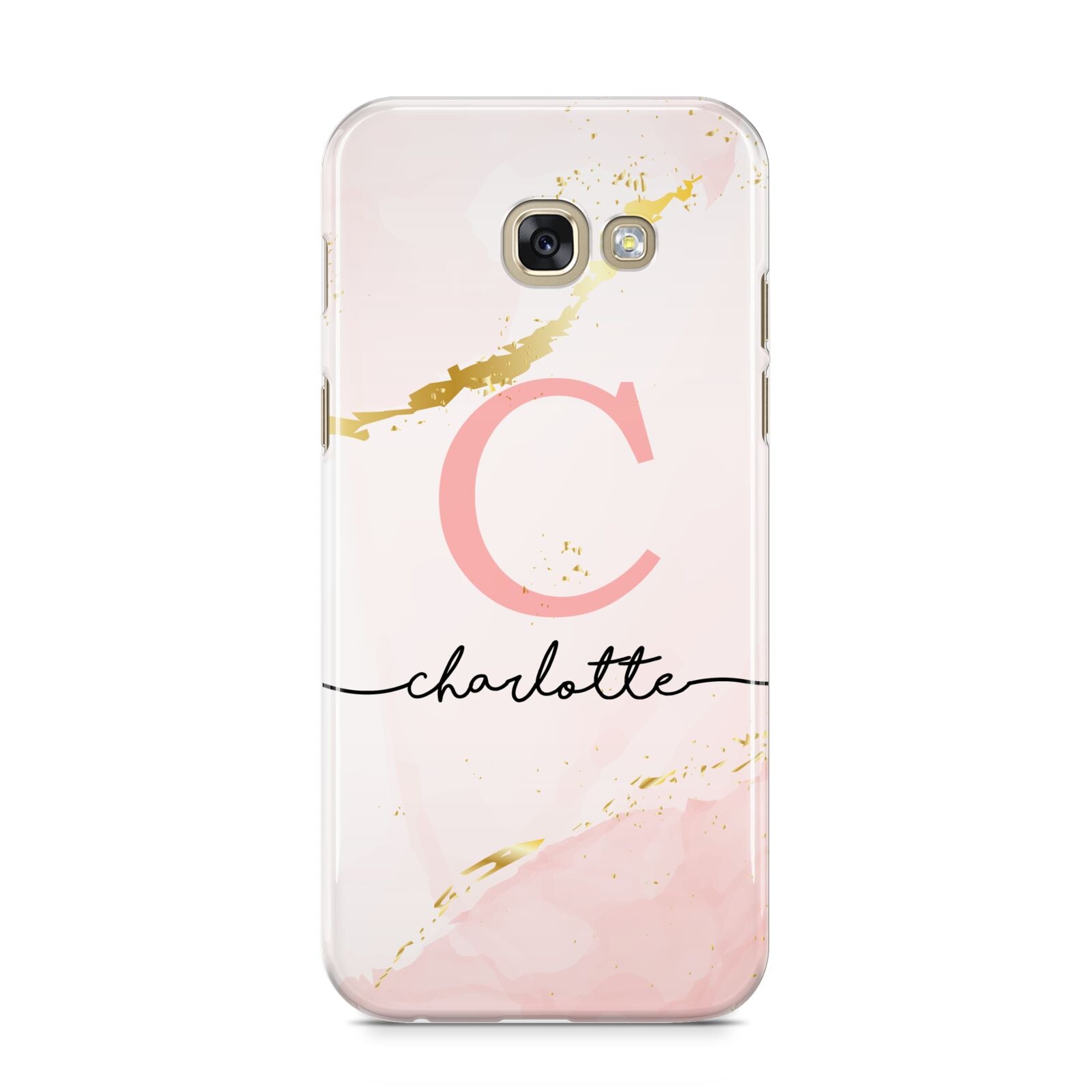 Initial Pink Gold Watercolour Custom Marble Samsung Galaxy A5 2017 Case on gold phone