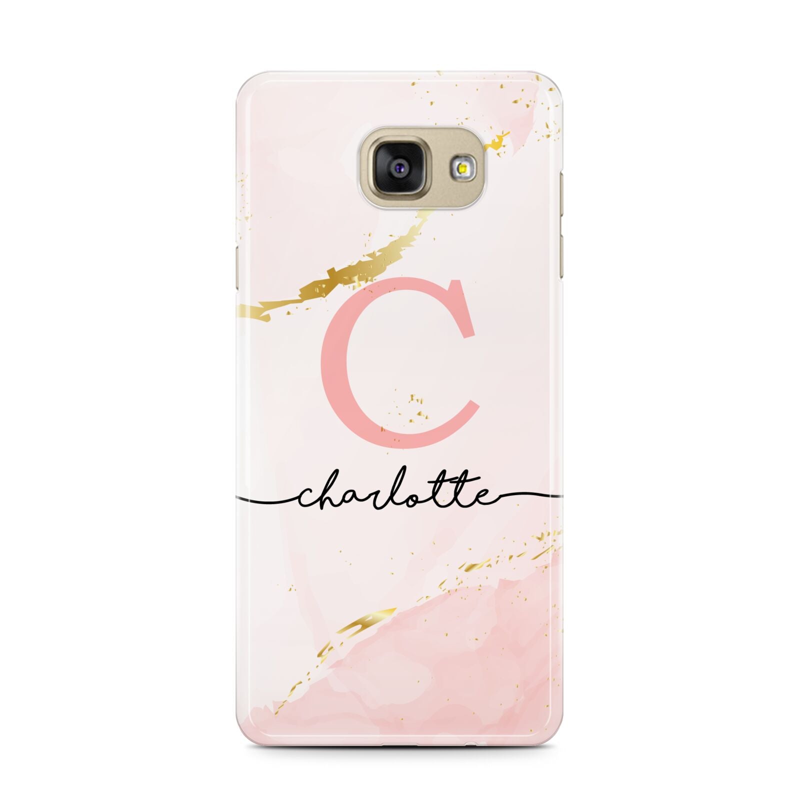 Initial Pink Gold Watercolour Custom Marble Samsung Galaxy A7 2016 Case on gold phone