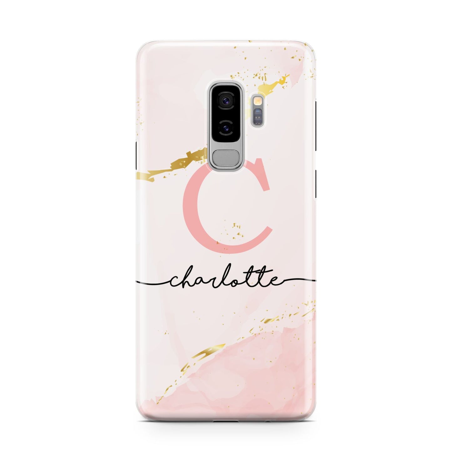 Initial Pink Gold Watercolour Custom Marble Samsung Galaxy S9 Plus Case on Silver phone