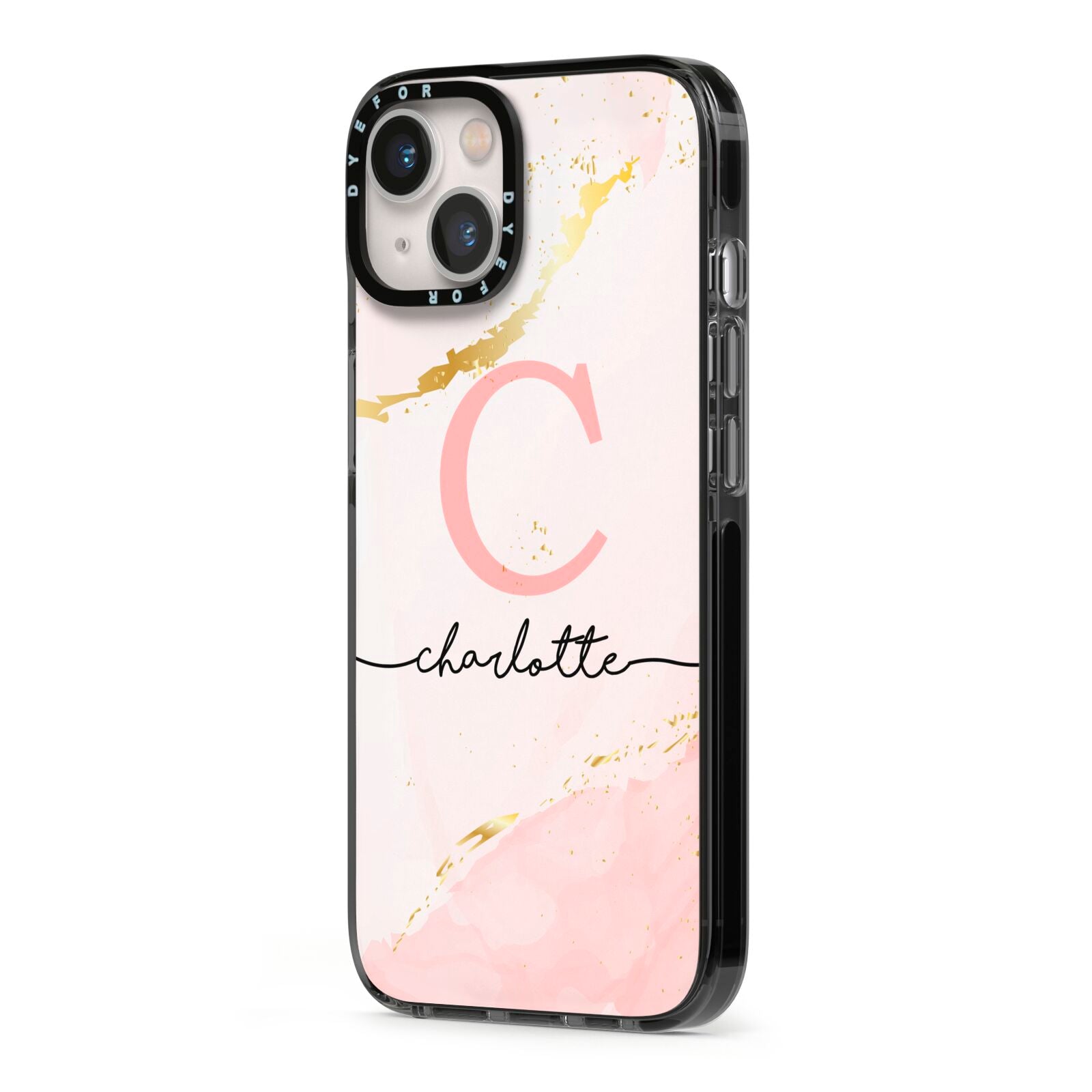 Initial Pink Gold Watercolour Custom Marble iPhone 13 Black Impact Case Side Angle on Silver phone