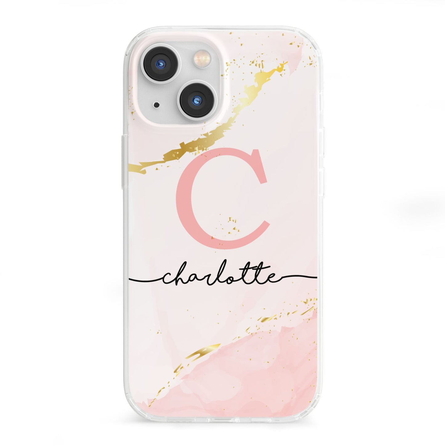 Initial Pink Gold Watercolour Custom Marble iPhone 13 Mini Clear Bumper Case