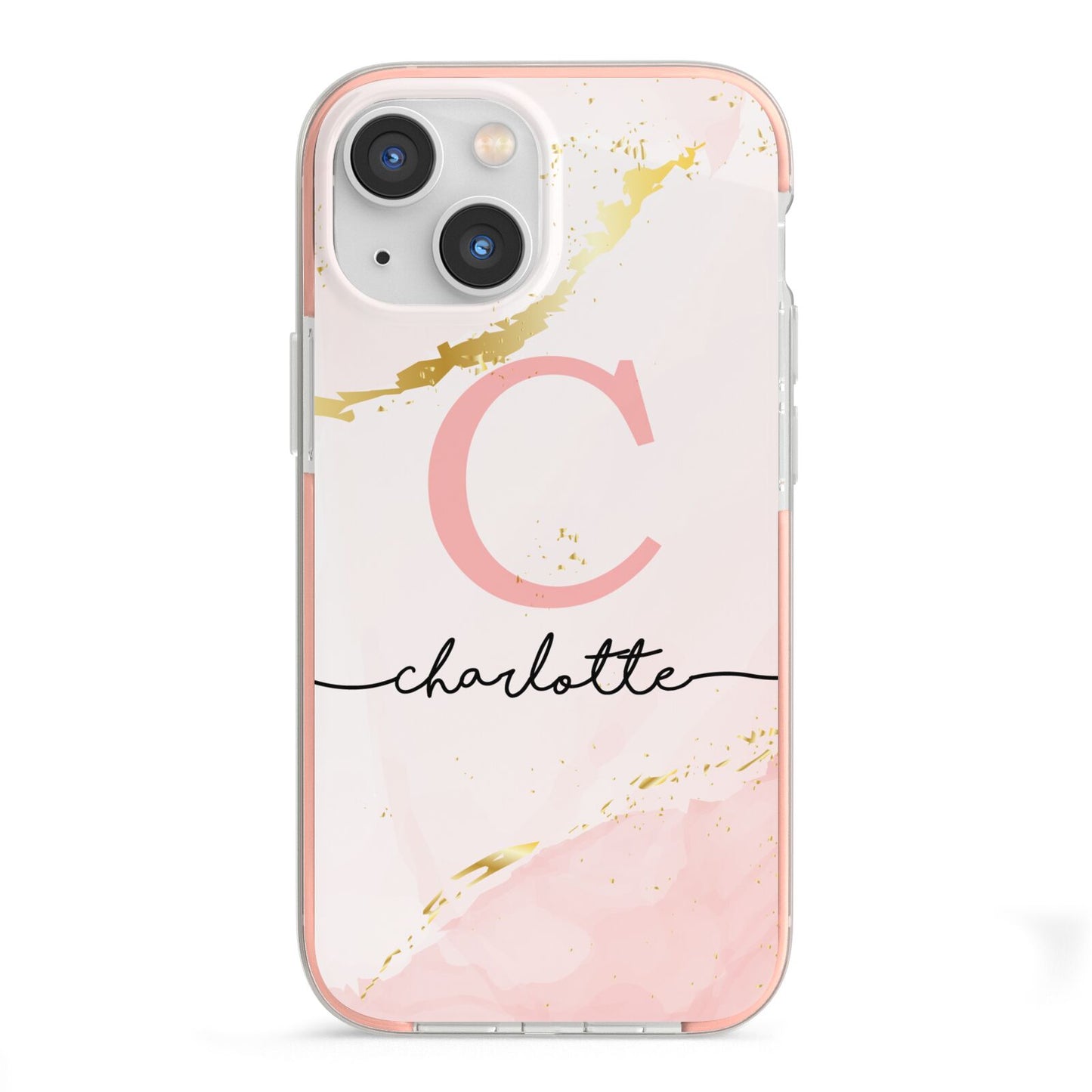 Initial Pink Gold Watercolour Custom Marble iPhone 13 Mini TPU Impact Case with Pink Edges