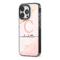 Initial Pink Gold Watercolour Custom Marble iPhone 13 Pro Black Impact Case Side Angle on Silver phone