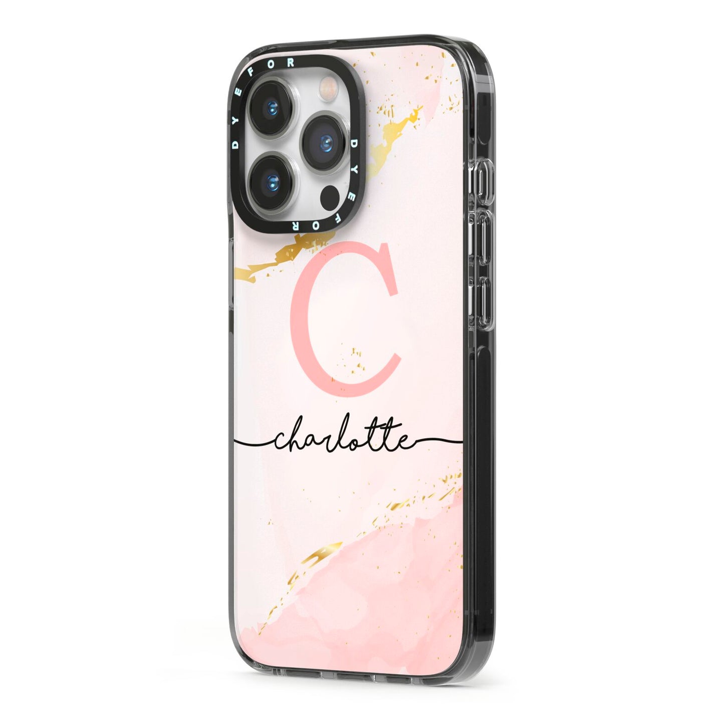 Initial Pink Gold Watercolour Custom Marble iPhone 13 Pro Black Impact Case Side Angle on Silver phone