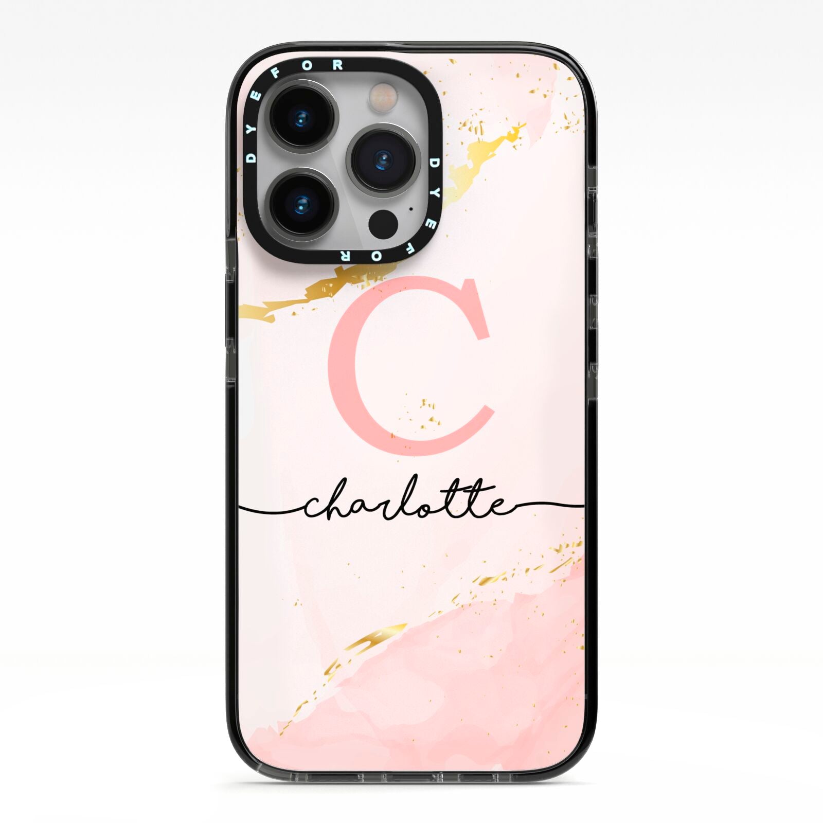 Initial Pink Gold Watercolour Custom Marble iPhone 13 Pro Black Impact Case on Silver phone