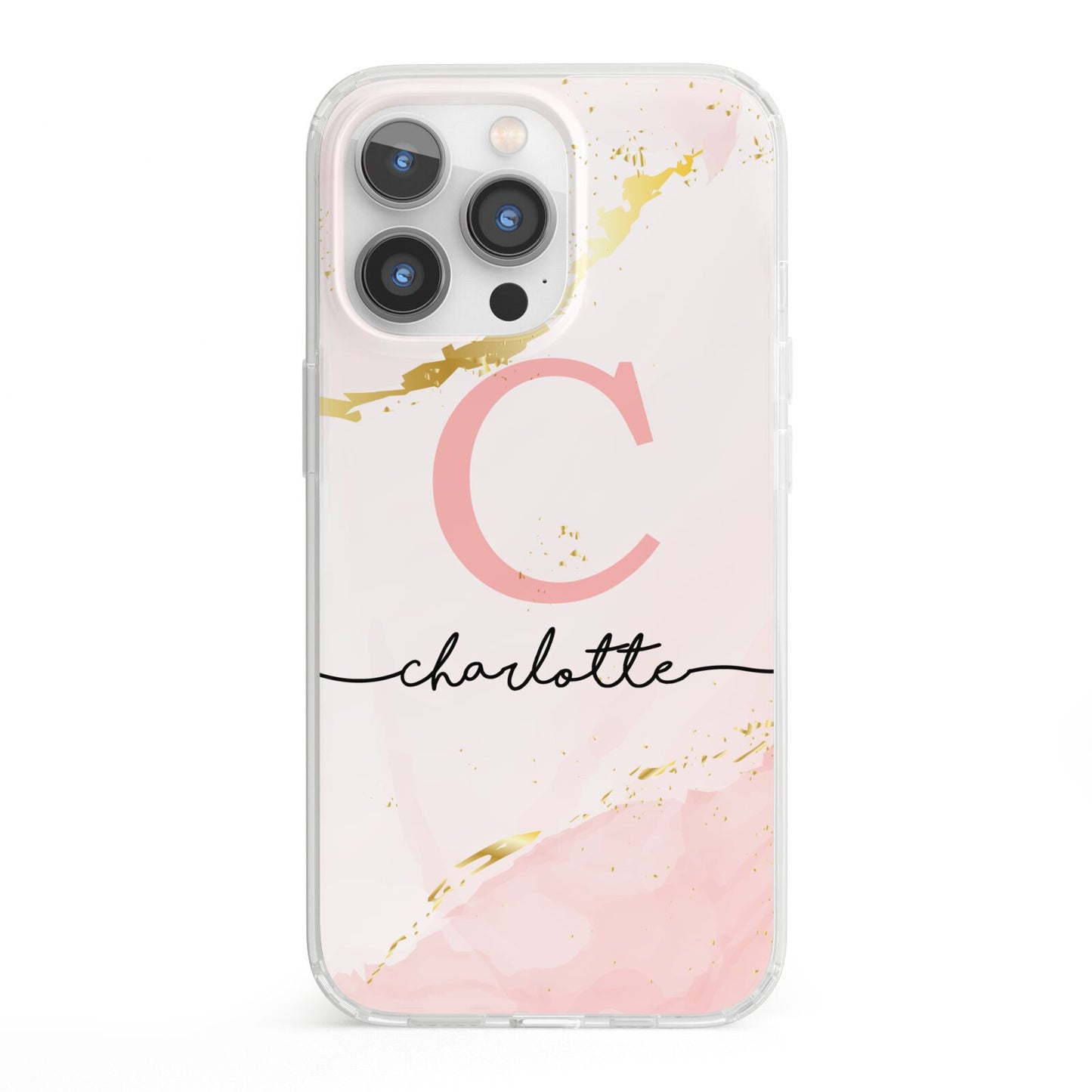 Initial Pink Gold Watercolour Custom Marble iPhone 13 Pro Clear Bumper Case