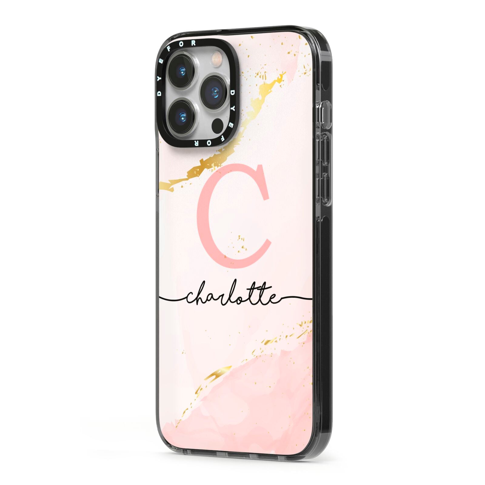 Initial Pink Gold Watercolour Custom Marble iPhone 13 Pro Max Black Impact Case Side Angle on Silver phone
