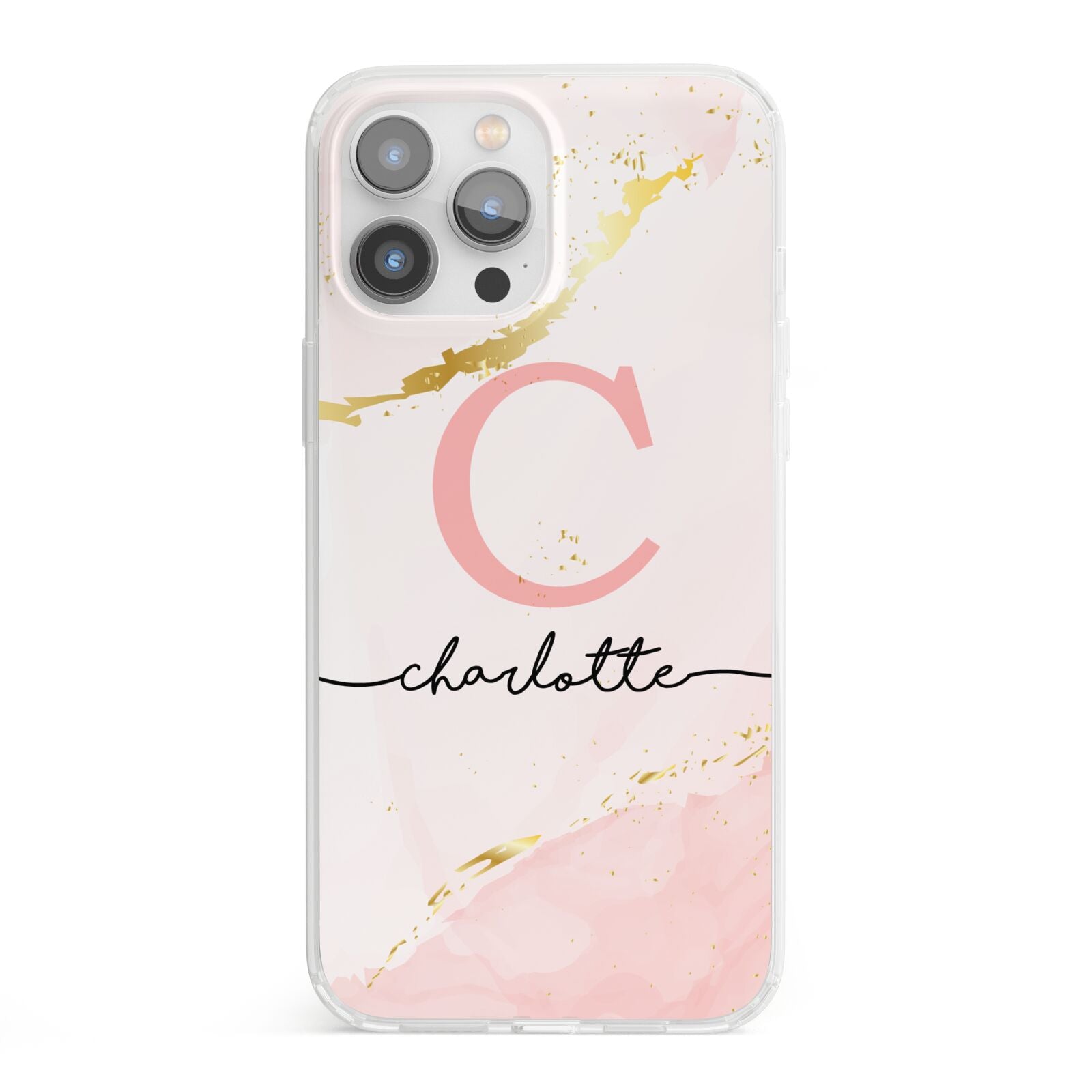 Initial Pink Gold Watercolour Custom Marble iPhone 13 Pro Max Clear Bumper Case