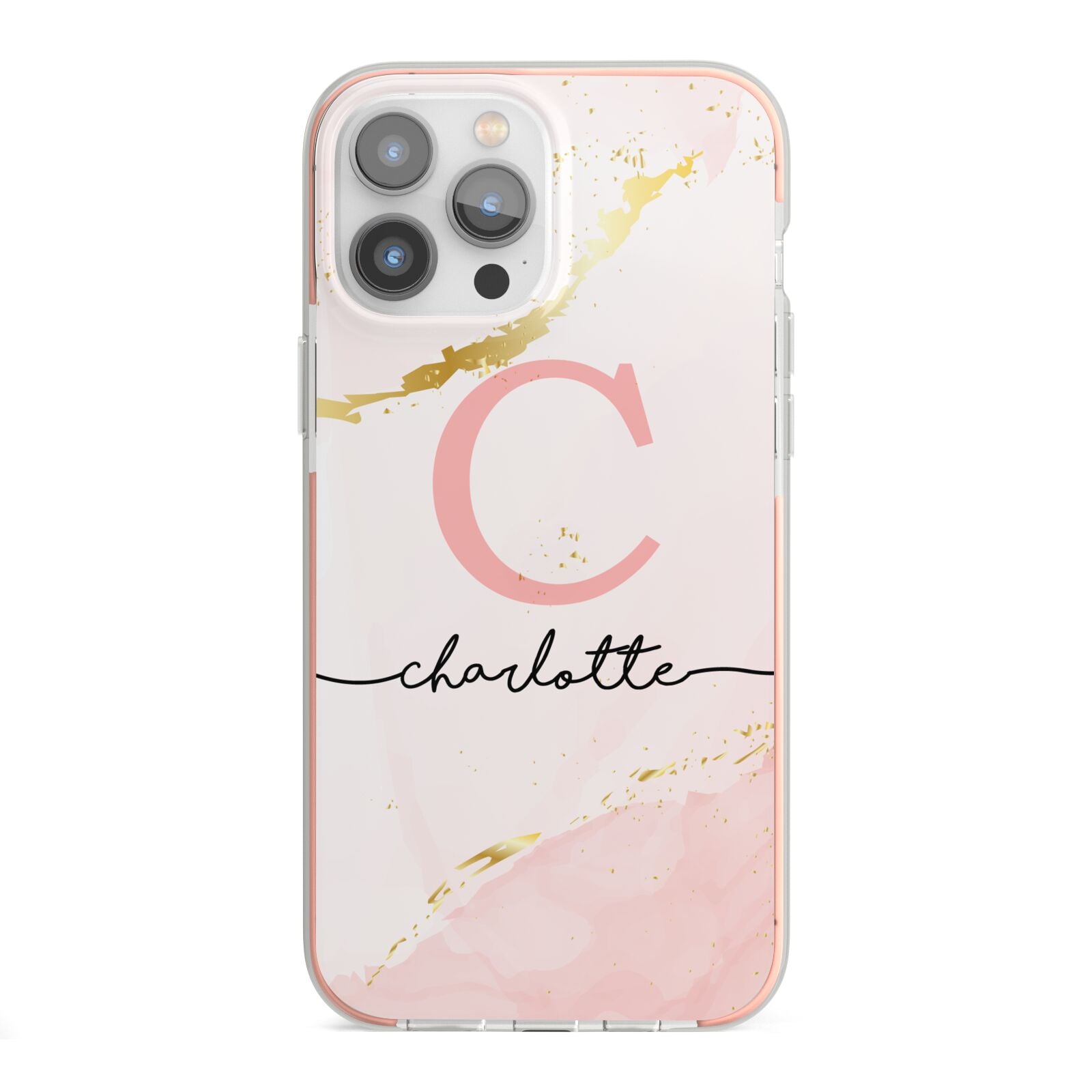 Initial Pink Gold Watercolour Custom Marble iPhone 13 Pro Max TPU Impact Case with Pink Edges