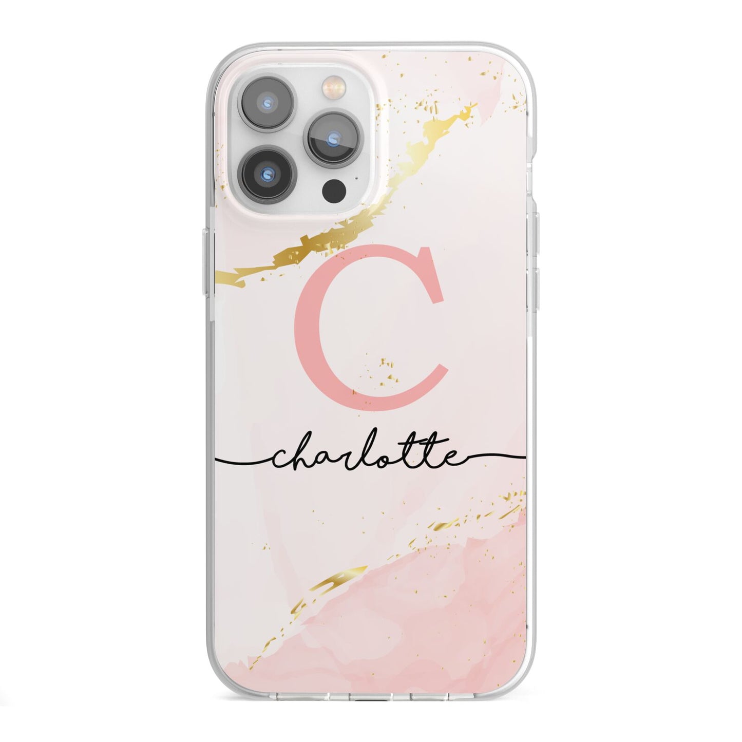 Initial Pink Gold Watercolour Custom Marble iPhone 13 Pro Max TPU Impact Case with White Edges