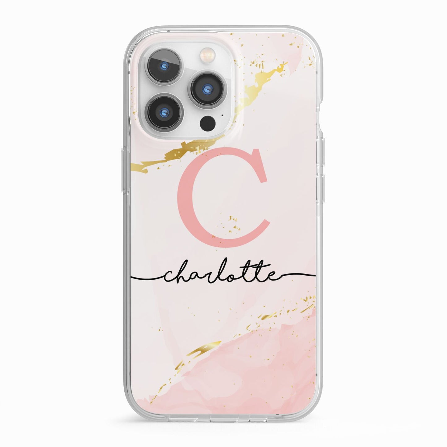 Initial Pink Gold Watercolour Custom Marble iPhone 13 Pro TPU Impact Case with White Edges