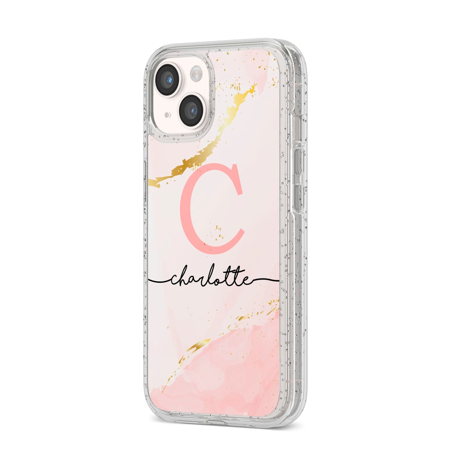 Initial Pink Gold Watercolour Custom Marble iPhone 14 Glitter Tough Case Starlight Angled Image