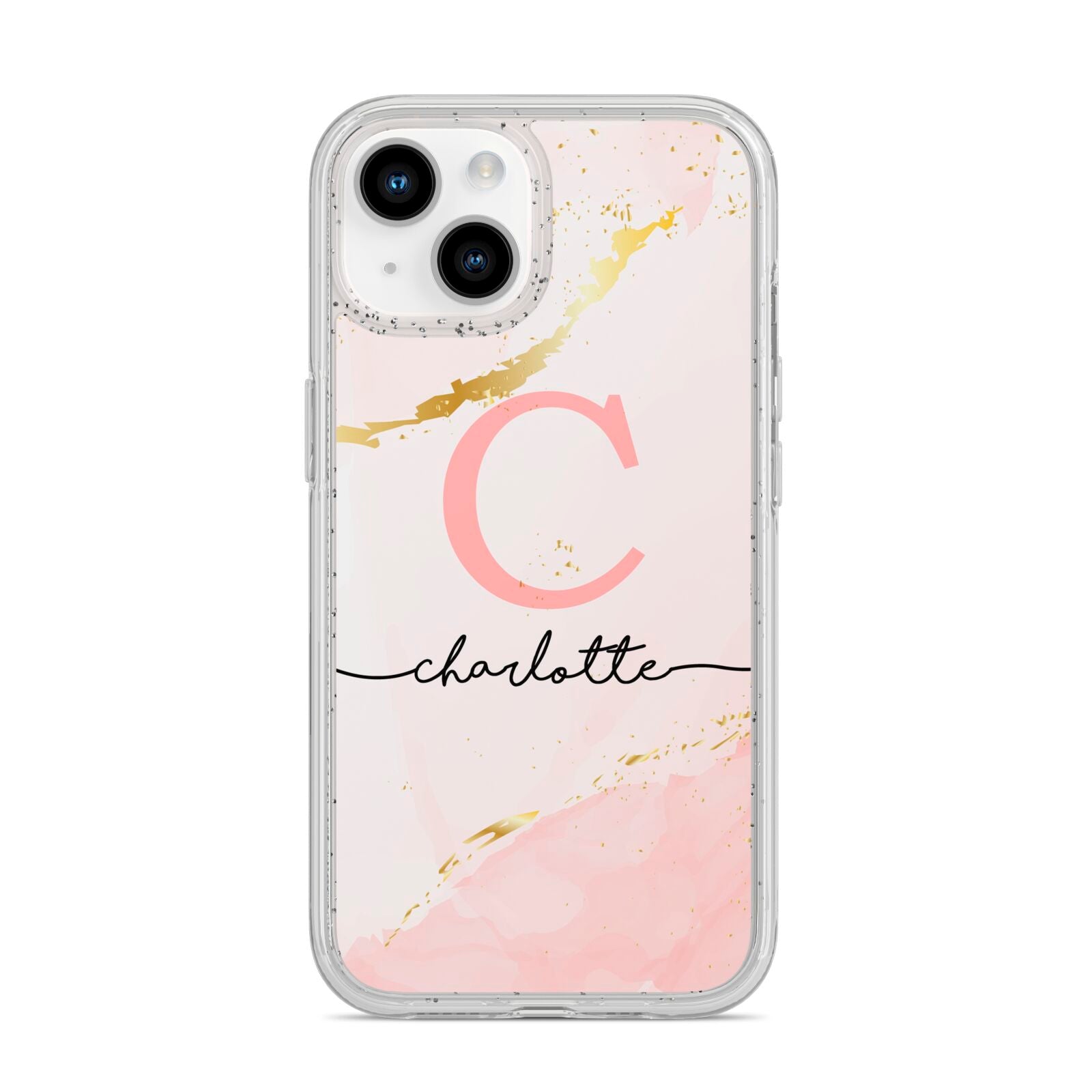 Initial Pink Gold Watercolour Custom Marble iPhone 14 Glitter Tough Case Starlight