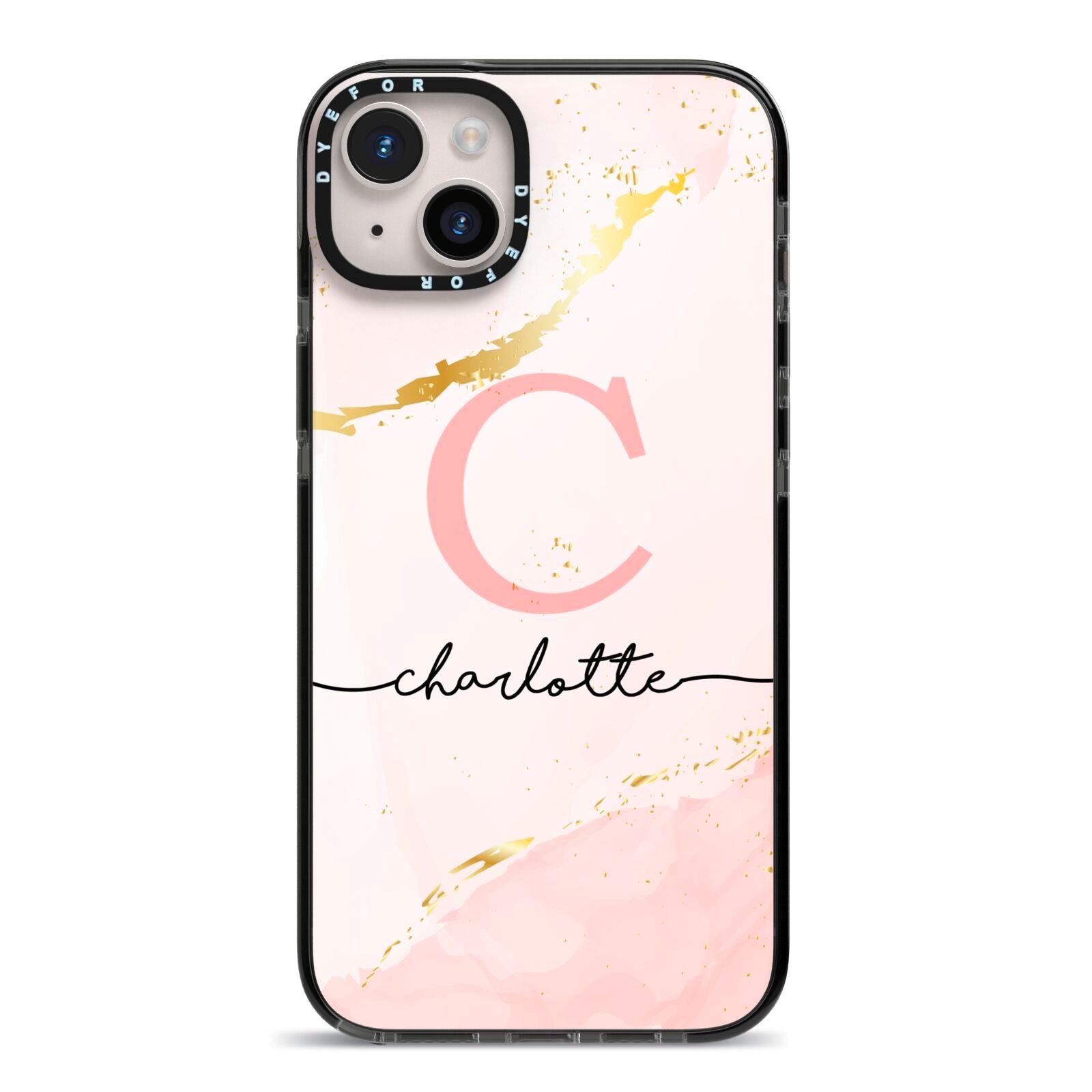 Initial Pink Gold Watercolour Custom Marble iPhone 14 Plus Black Impact Case on Silver phone
