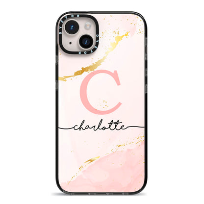 Initial Pink Gold Watercolour Custom Marble iPhone 14 Plus Black Impact Case on Silver phone