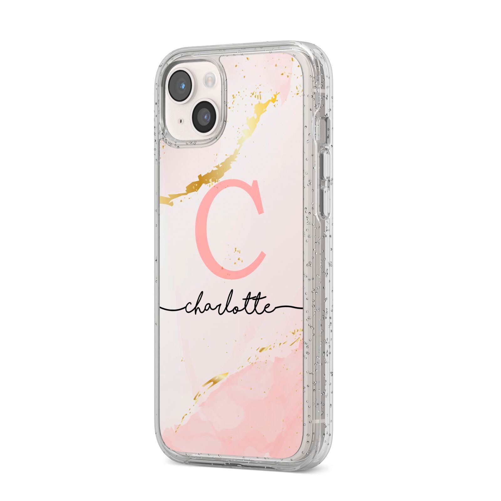 Initial Pink Gold Watercolour Custom Marble iPhone 14 Plus Glitter Tough Case Starlight Angled Image