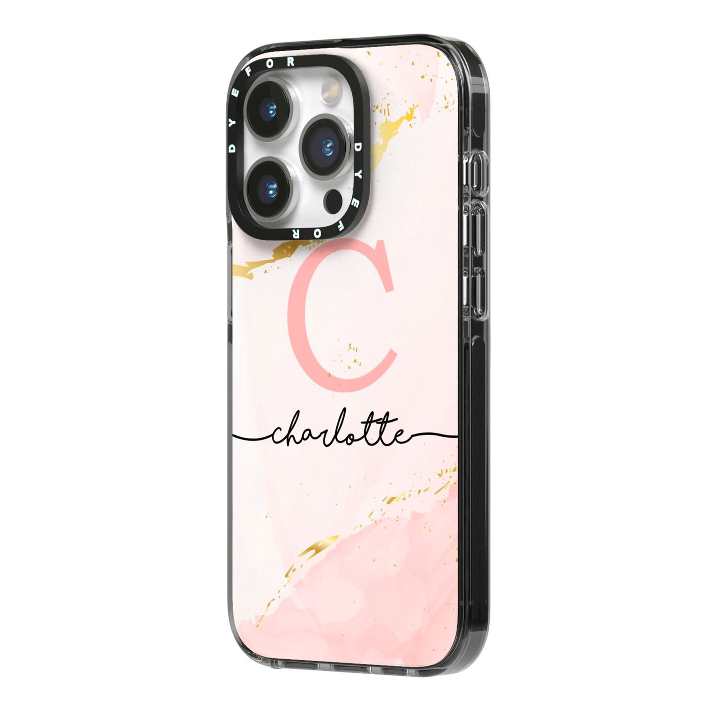 Initial Pink Gold Watercolour Custom Marble iPhone 14 Pro Black Impact Case Side Angle on Silver phone