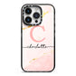 Initial Pink Gold Watercolour Custom Marble iPhone 14 Pro Black Impact Case on Silver phone