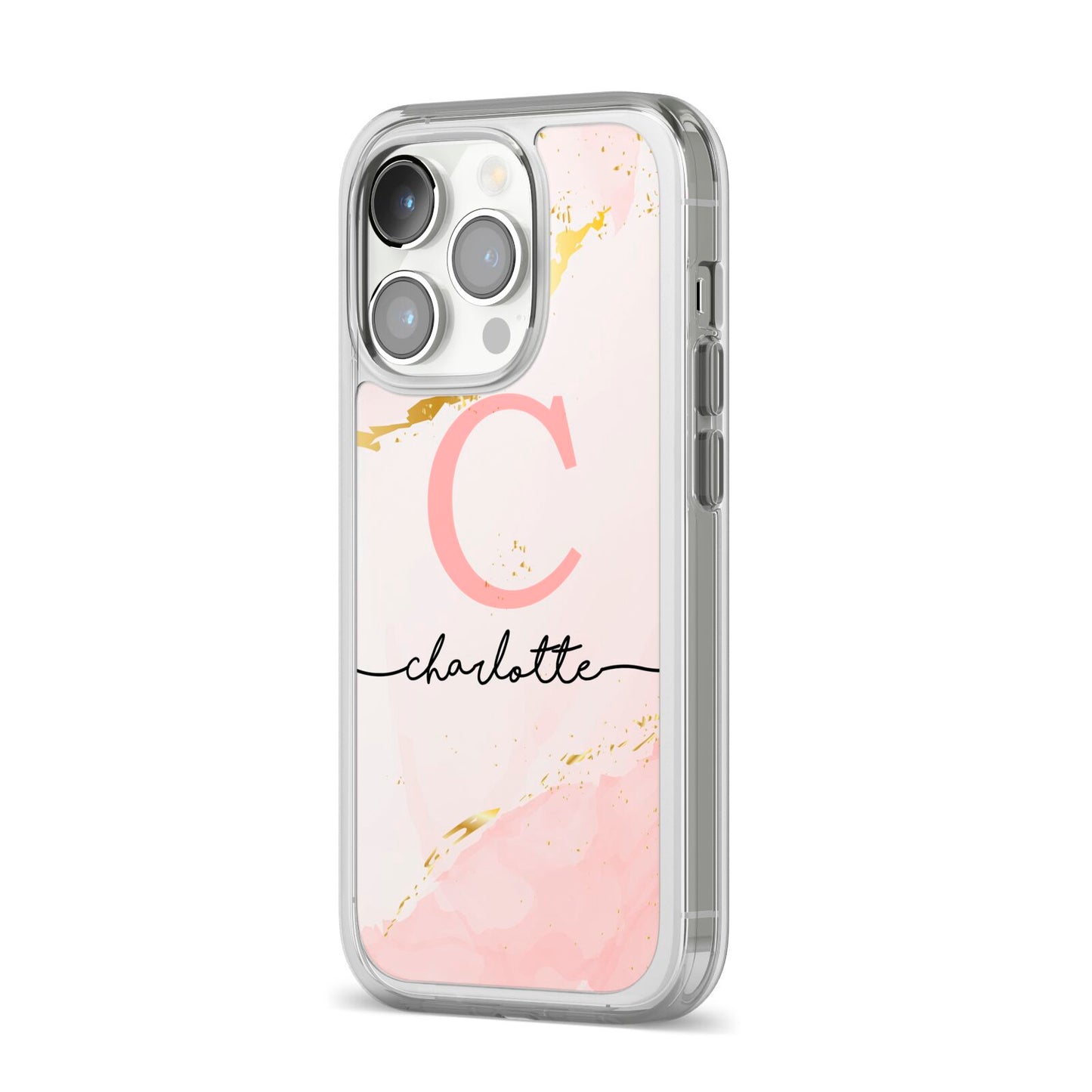 Initial Pink Gold Watercolour Custom Marble iPhone 14 Pro Clear Tough Case Silver Angled Image