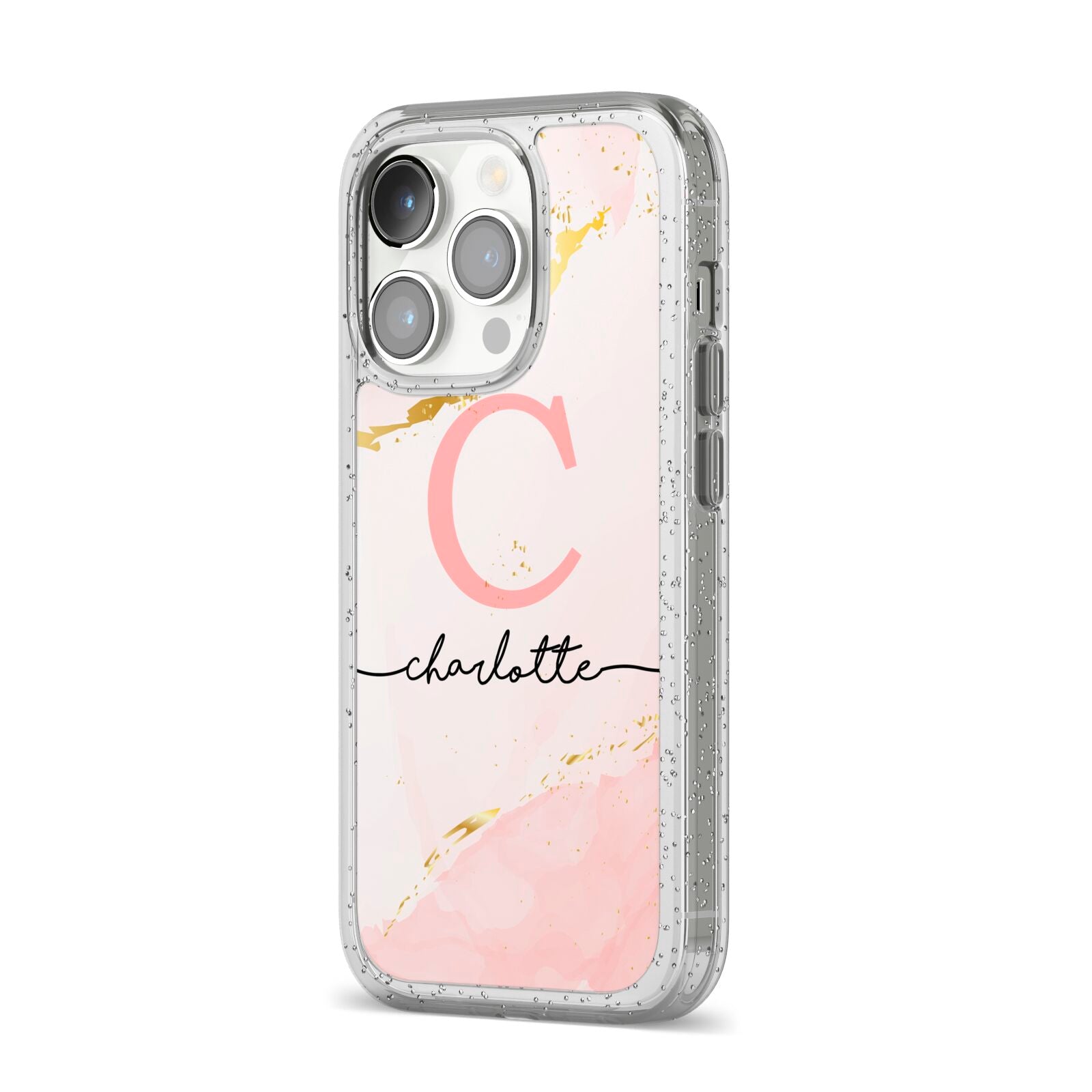 Initial Pink Gold Watercolour Custom Marble iPhone 14 Pro Glitter Tough Case Silver Angled Image