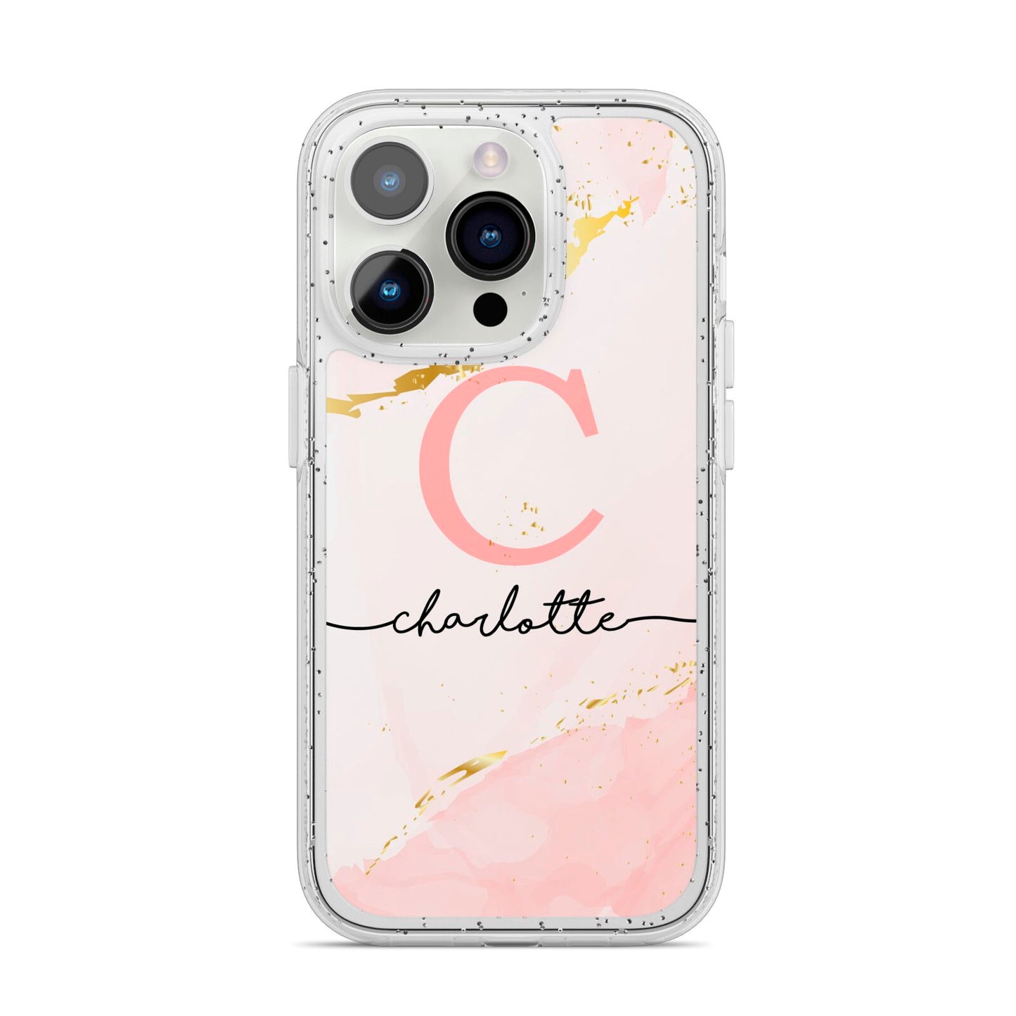 Initial Pink Gold Watercolour Custom Marble iPhone 14 Pro Glitter Tough Case Silver